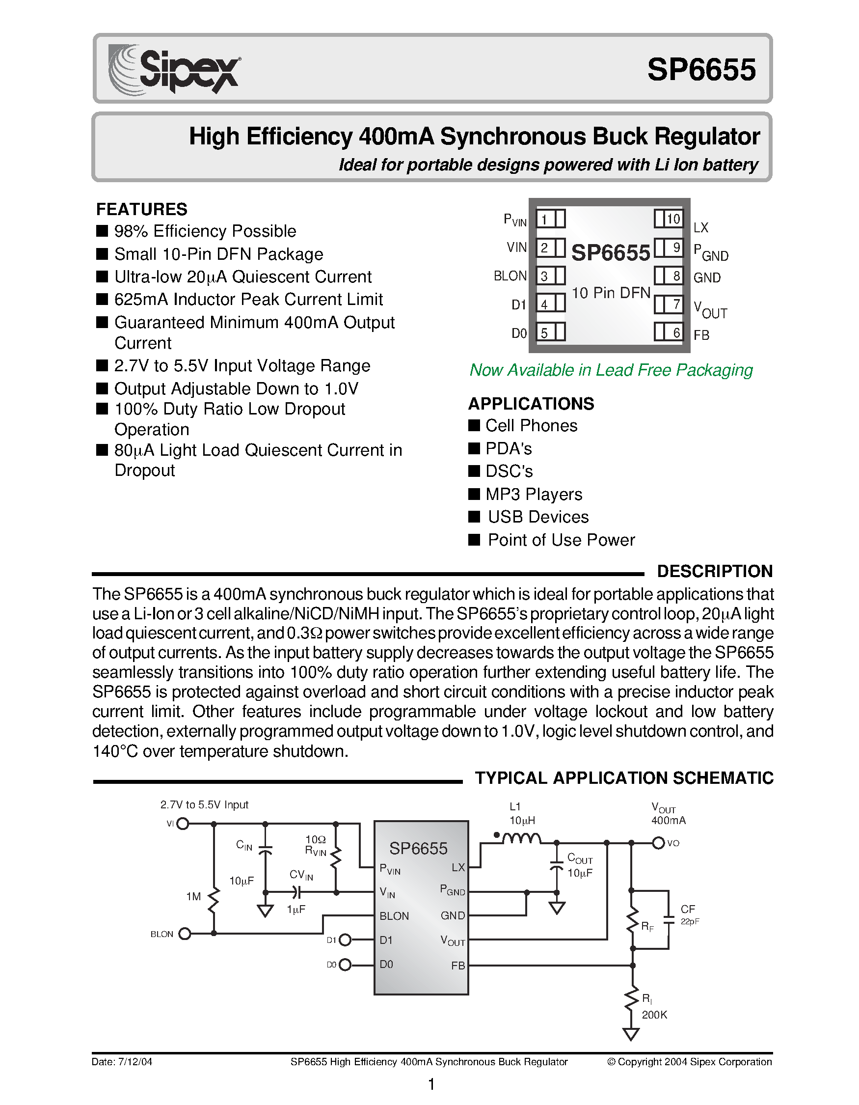 Datasheet SP6655 - High Efficiency 400mA Synchronous Buck Regulator Ideal for portable designs powered with Li Ion battery page 1