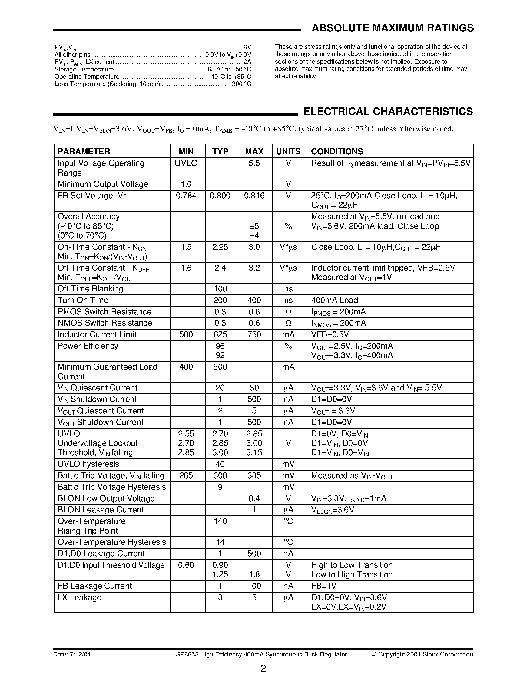 Datasheet SP6655 - High Efficiency 400mA Synchronous Buck Regulator Ideal for portable designs powered with Li Ion battery page 2