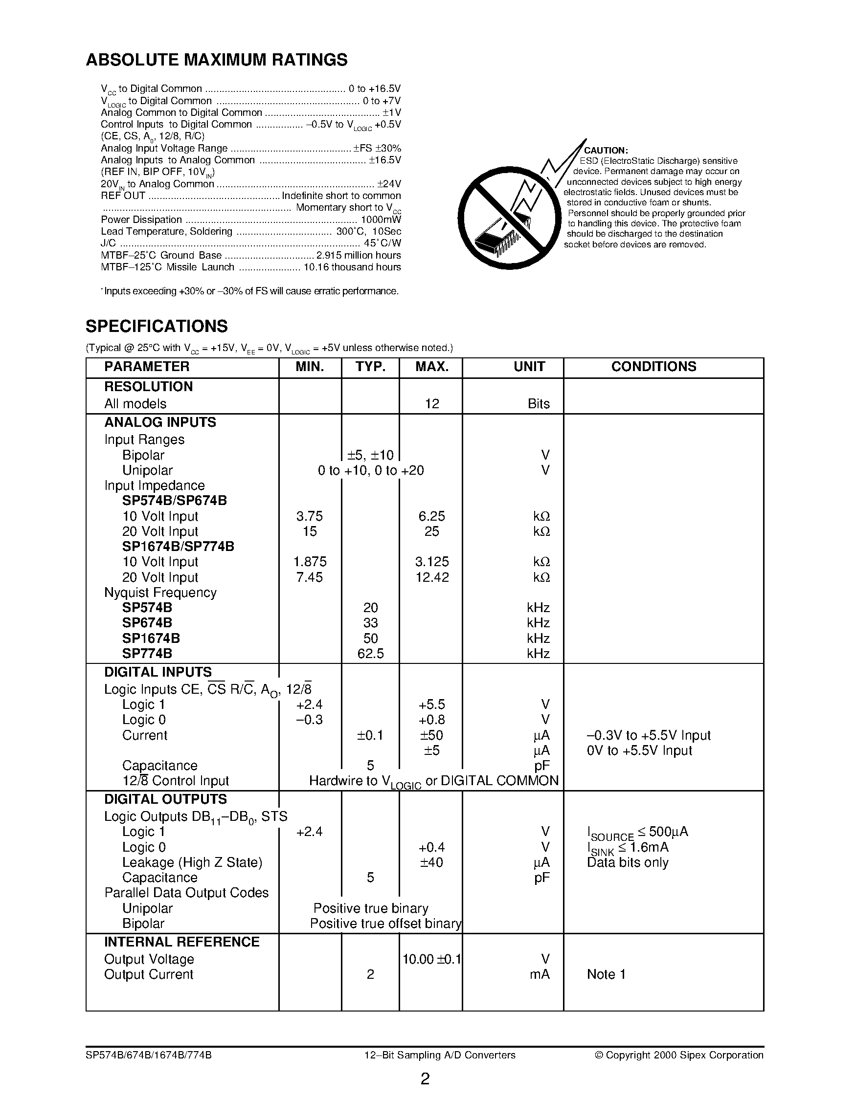 Даташит SP674BA - 12-Bit Sampling A/D Converters страница 2