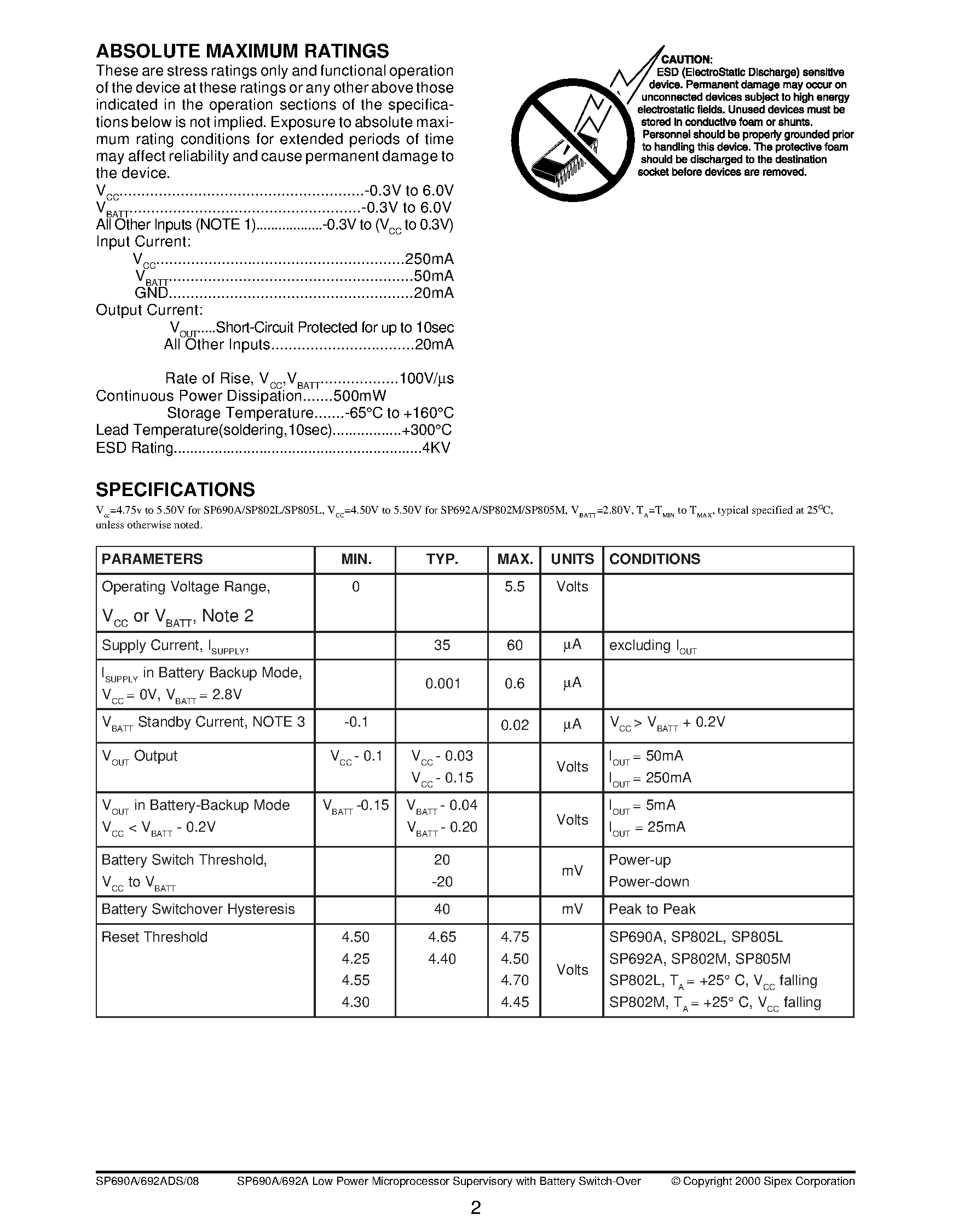 Datasheet SP690A - Low Power Microprocessor Supervisory with Battery Switch-Over page 2