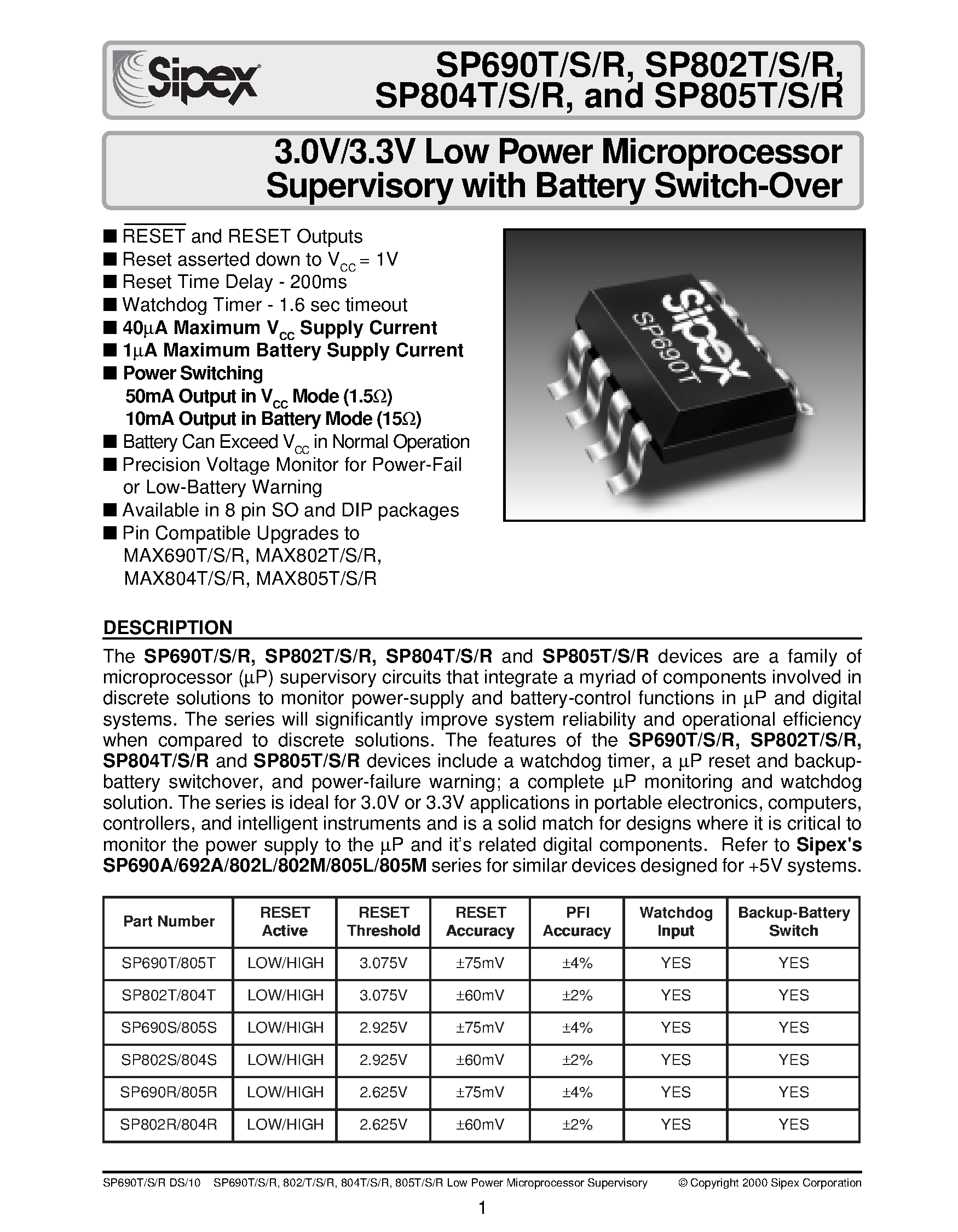 Datasheet SP690SEP page 1 Datasheet SP690SEP - 3.0V/3.3V Low Power Microprocessor Supervisory with Battery Switch-Over page 1