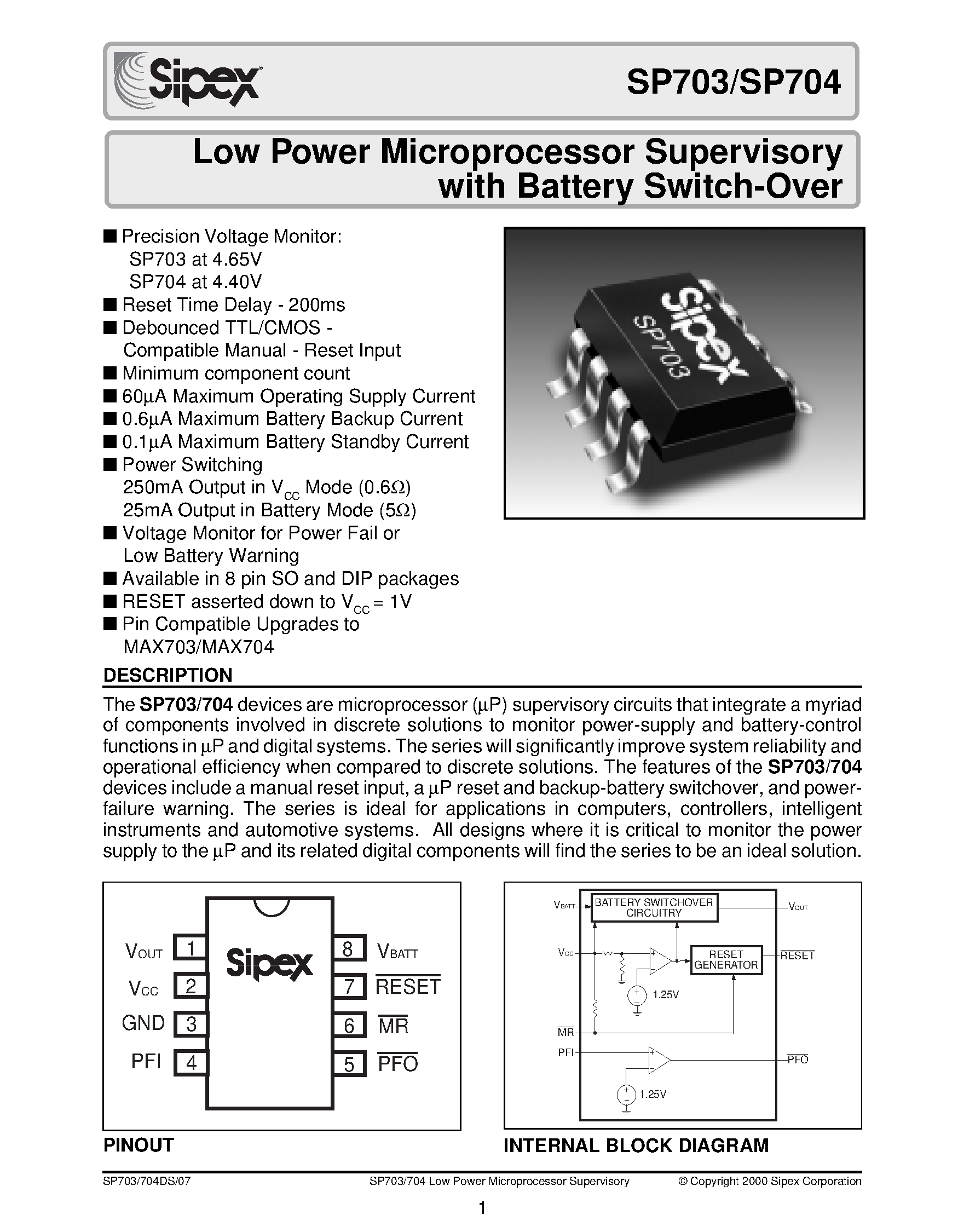 Datasheet SP703CN - Low Power Microprocessor Supervisory with Battery Switch-Over page 1