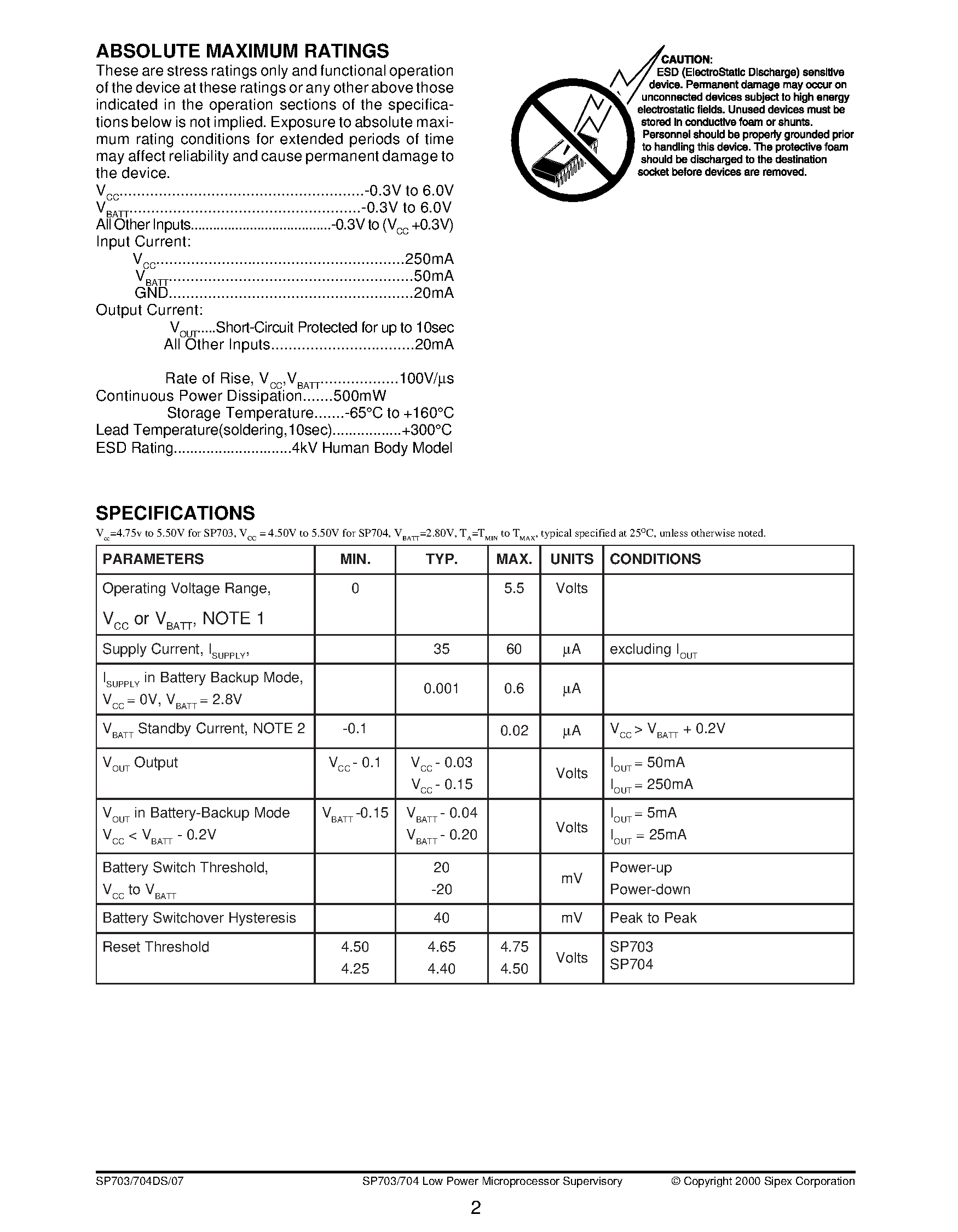 Datasheet SP704EN - Low Power Microprocessor Supervisory with Battery Switch-Over page 2