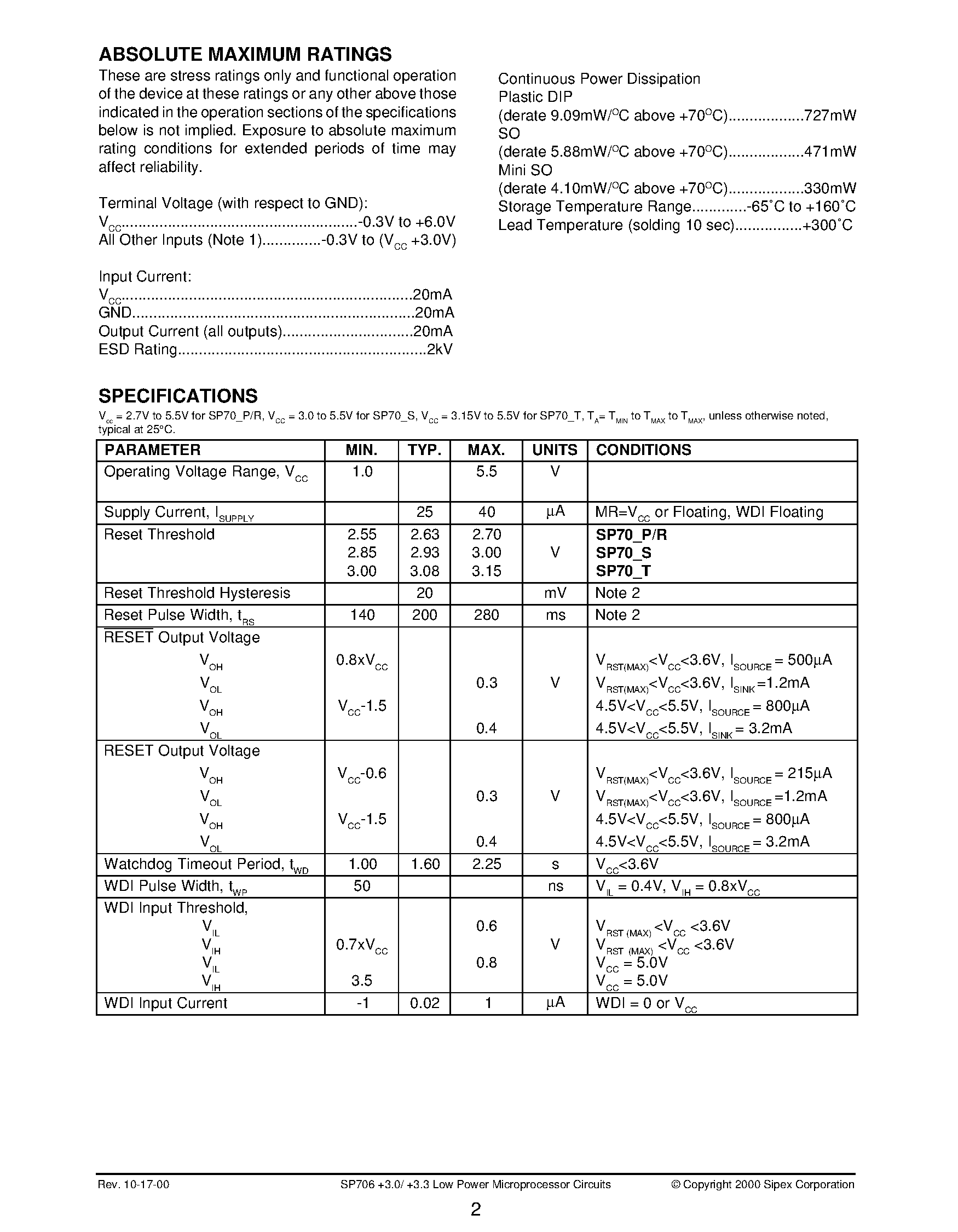 Datasheet SP706PCP - +3.0V/+3.3V Low Power Microprocessor Supervisory Circuits page 2