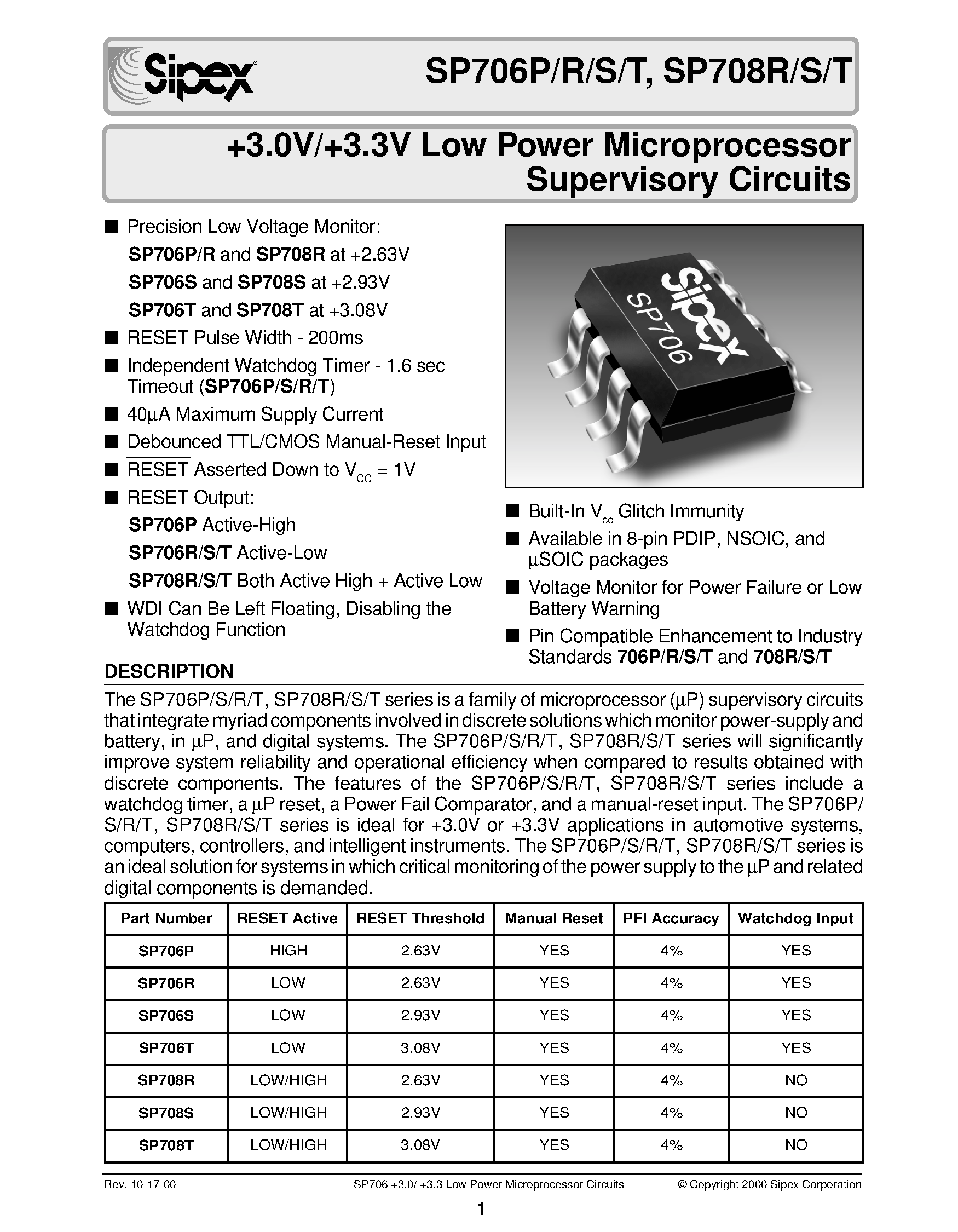 Datasheet SP706PCU - +3.0V/+3.3V Low Power Microprocessor Supervisory Circuits page 1