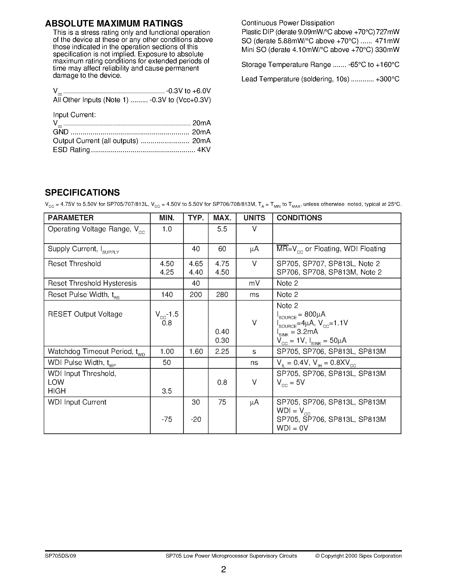 Datasheet SP708TCN - +3.0V/+3.3V Low Power Microprocessor Supervisory Circuits page 2