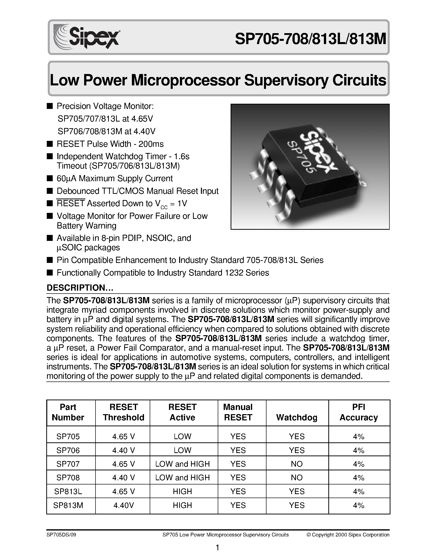 Datasheet SP708TCU - +3.0V/+3.3V Low Power Microprocessor Supervisory Circuits page 1
