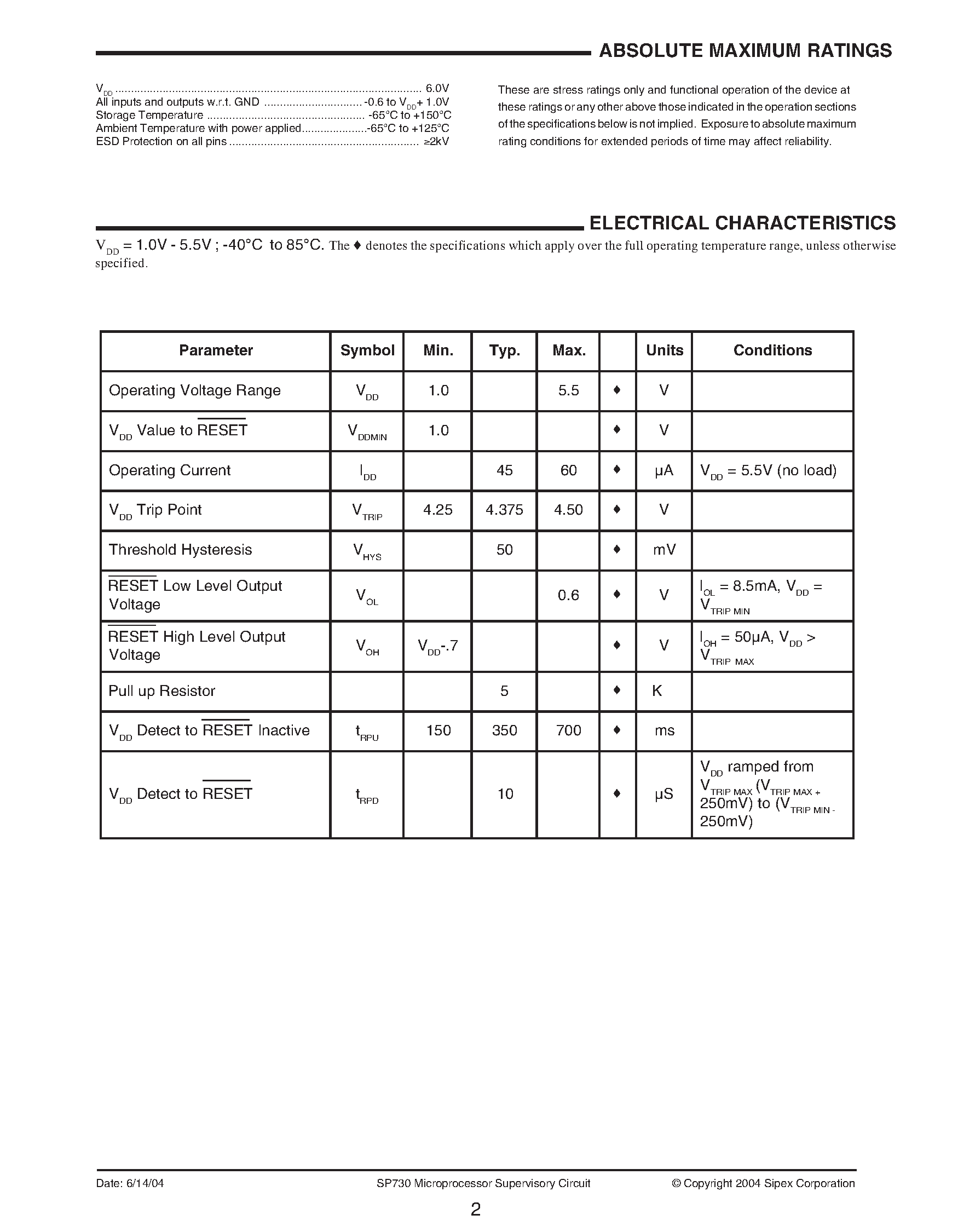 Datasheet SP730EK-4.375 page 2 Datasheet SP730EK-4.375 - Microprocessor Supervisory Circuit with Pull Up Resistor page 2