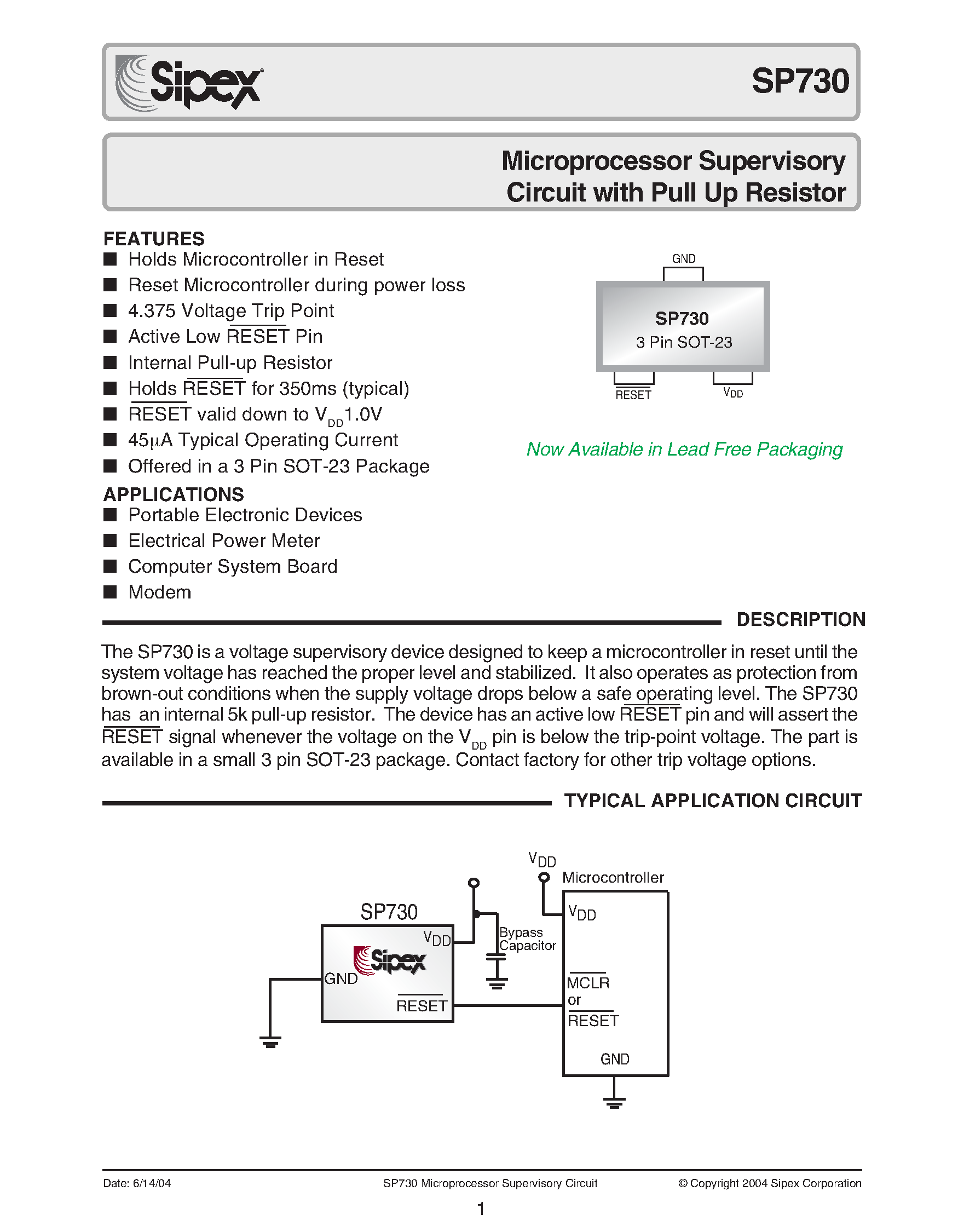 Datasheet SP730EK-4.375/TR - Microprocessor Supervisory Circuit with Pull Up Resistor page 1