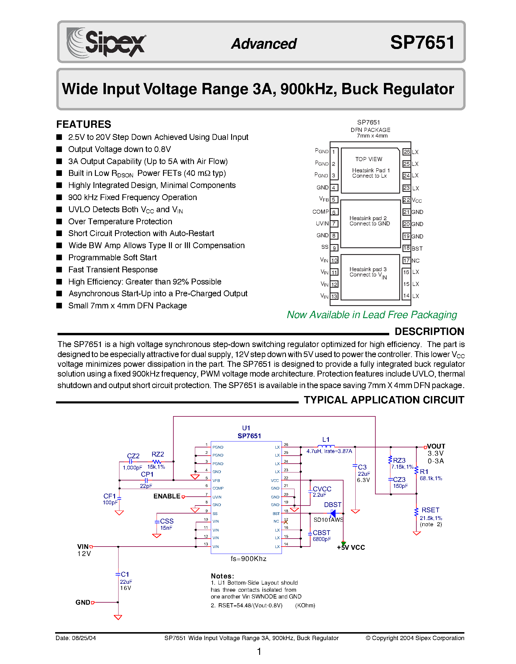 Datasheet SP7651ER-L/TR page 1 Datasheet SP7651ER-L/TR - Wide Input Voltage Range 3A / 900kHz / Buck Regulator page 1