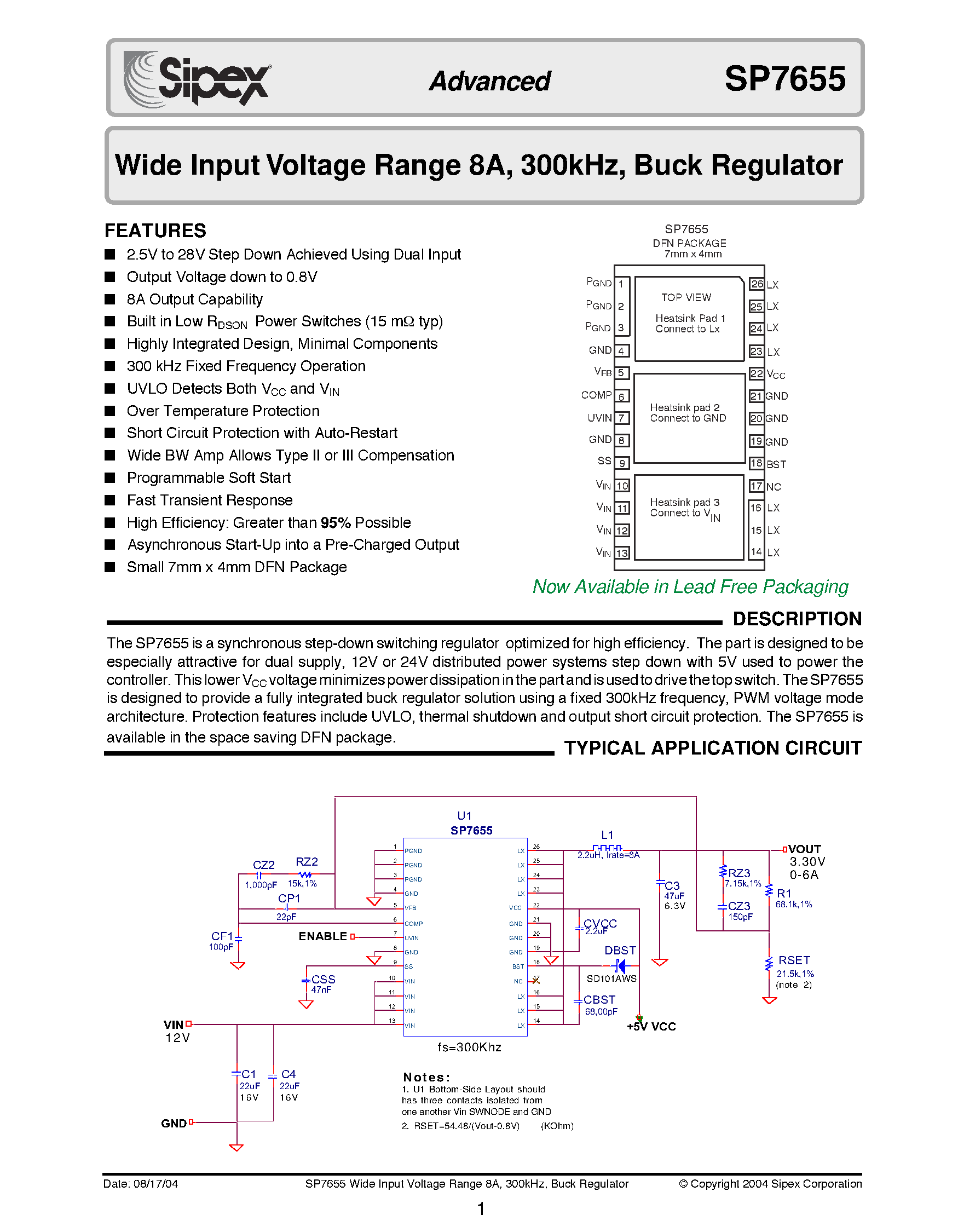 Datasheet SP7655ER-L/TR page 1 Datasheet SP7655ER-L/TR - Wide Input Voltage Range 8A / 300kHz / Buck Regulator page 1