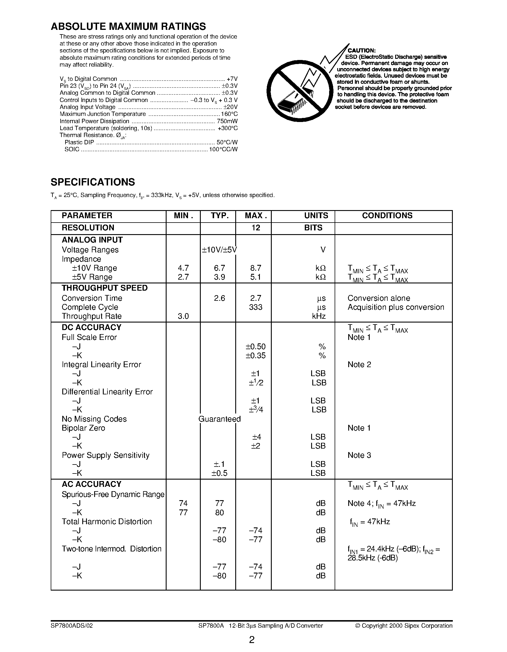 Даташит SP7800AKS - 12-Bit 3ms Sampling A/D Converter страница 2