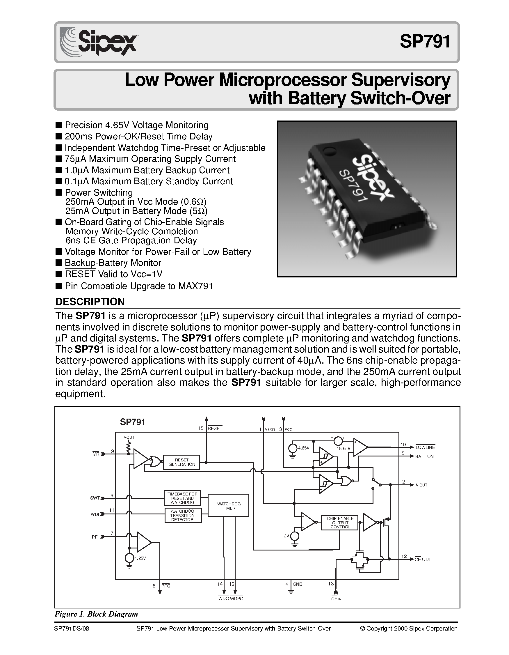 Datasheet SP791 - Low Power Microprocessor Supervisory with Battery Switch-Over page 1