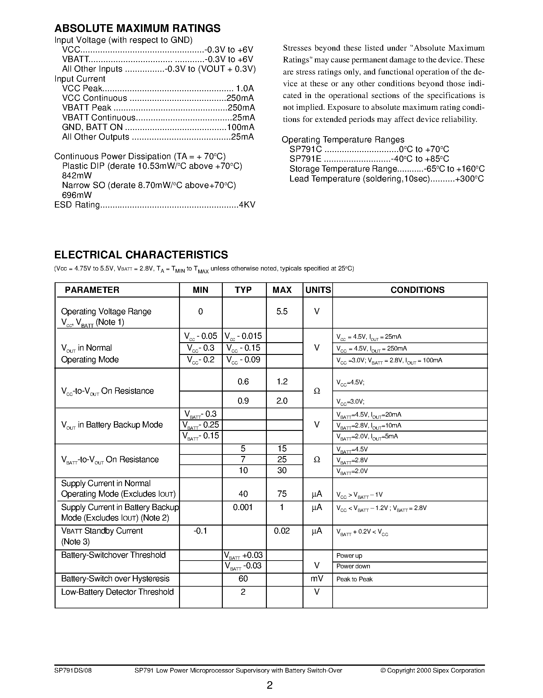 Datasheet SP791 - Low Power Microprocessor Supervisory with Battery Switch-Over page 2