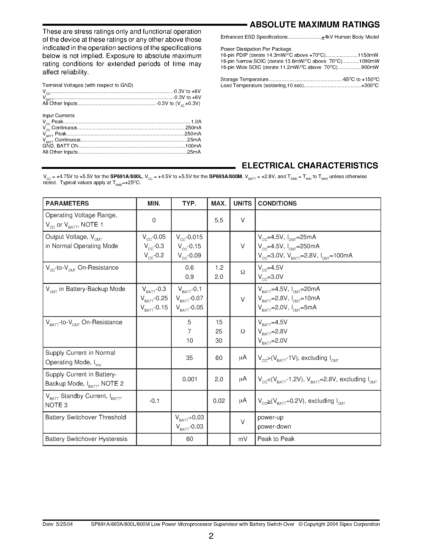 Datasheet SP800LCN - Low Power Microprocessor Supervisory with Battery Switch-Over page 2
