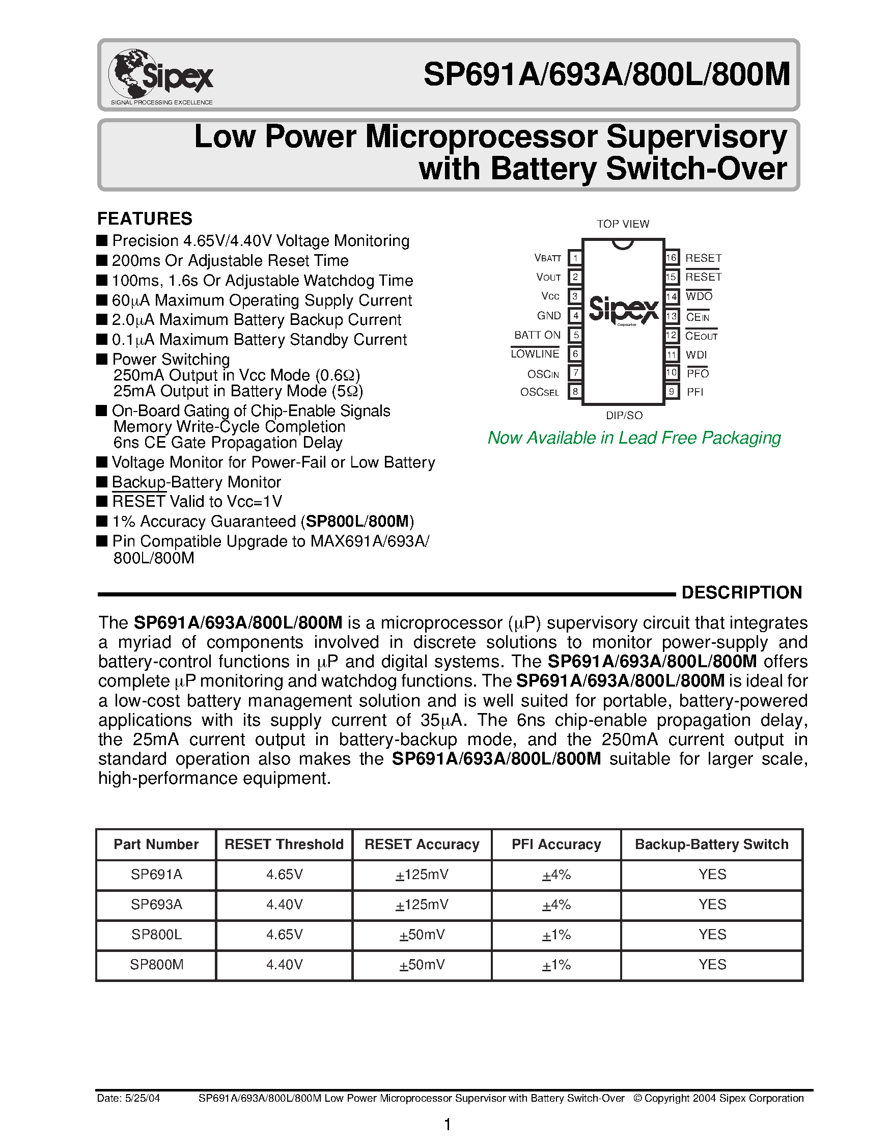 Datasheet SP800LCN/TR - Low Power Microprocessor Supervisory with Battery Switch-Over page 1