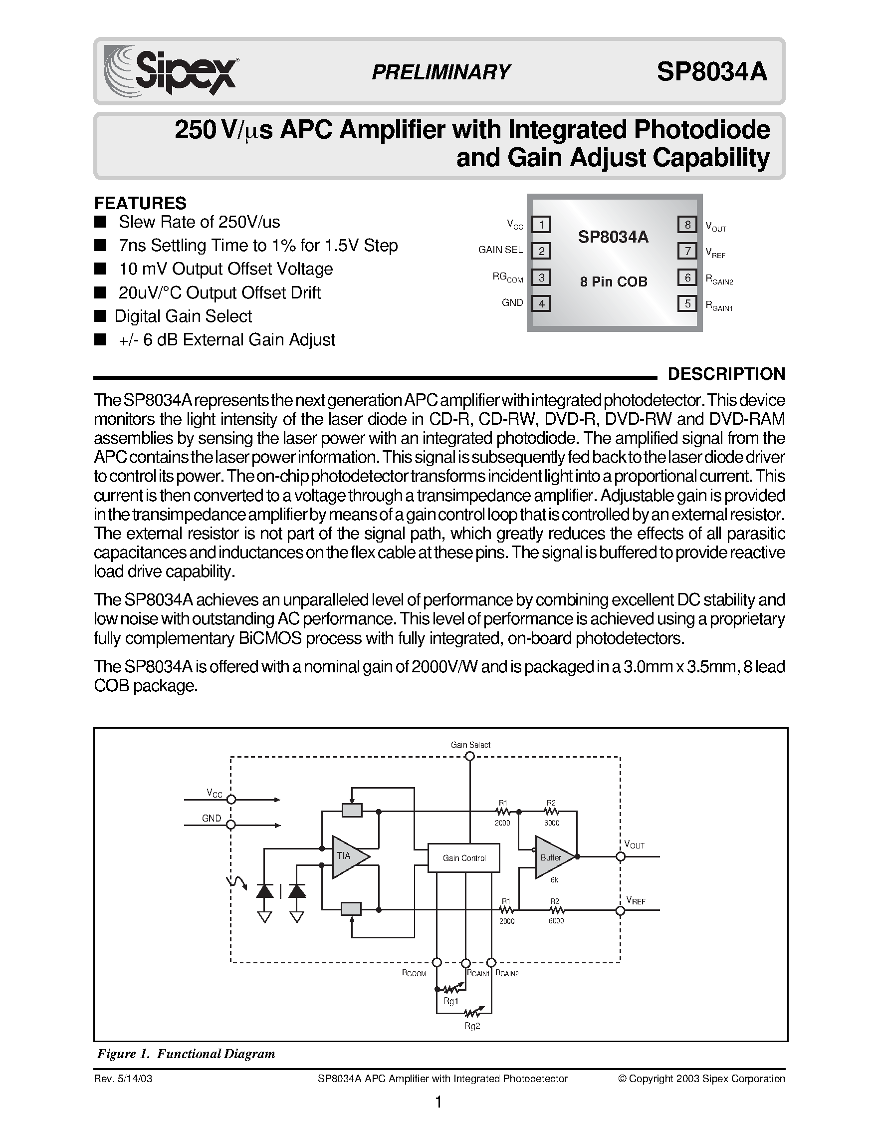 Даташит SP8034A - 250 V/us APC Amplifier with Integrated Photodiode and Gain Adjust Capability страница 1