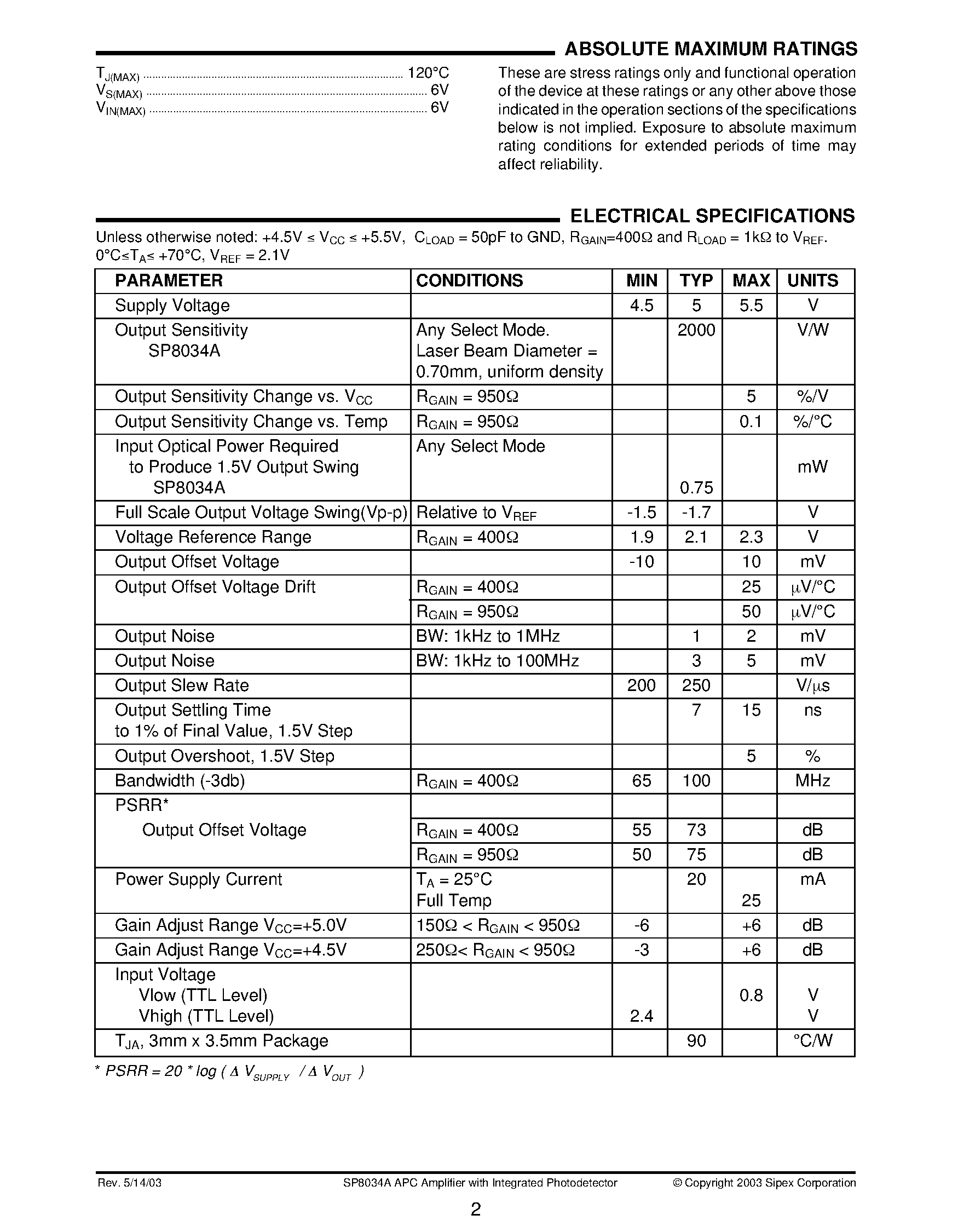 Даташит SP8034A - 250 V/us APC Amplifier with Integrated Photodiode and Gain Adjust Capability страница 2