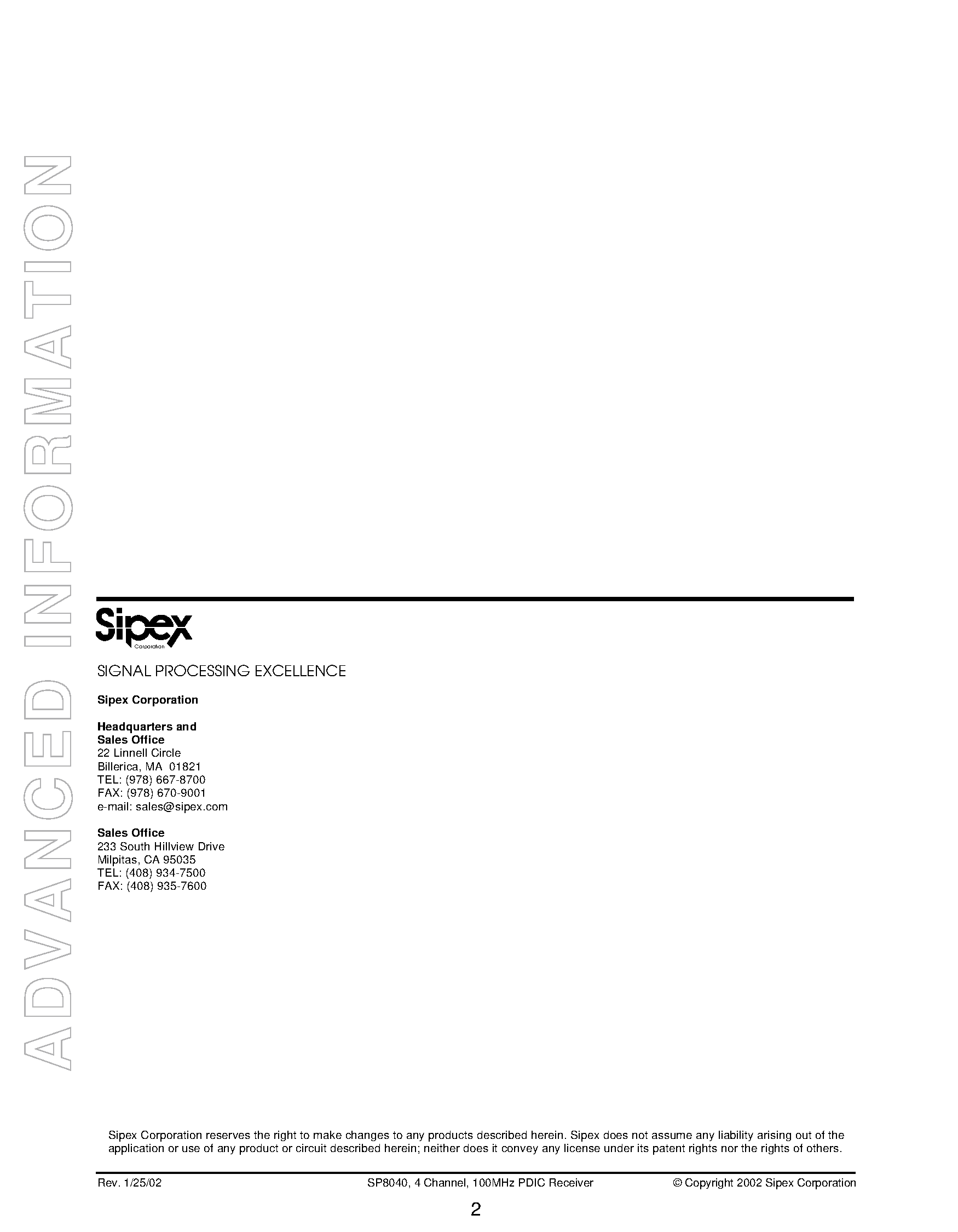 Datasheet SP8040 - 4 Channel / 100MHz Fully Integrated PDIC Receiver page 2