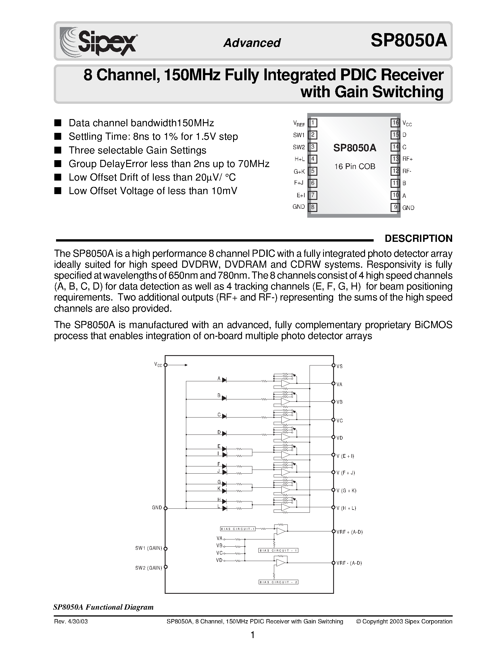 Datasheet SP8050A page 1 Datasheet SP8050A - 8 Channel / 150MHz Fully Integrated PDIC Receiver with Gain Switching page 1