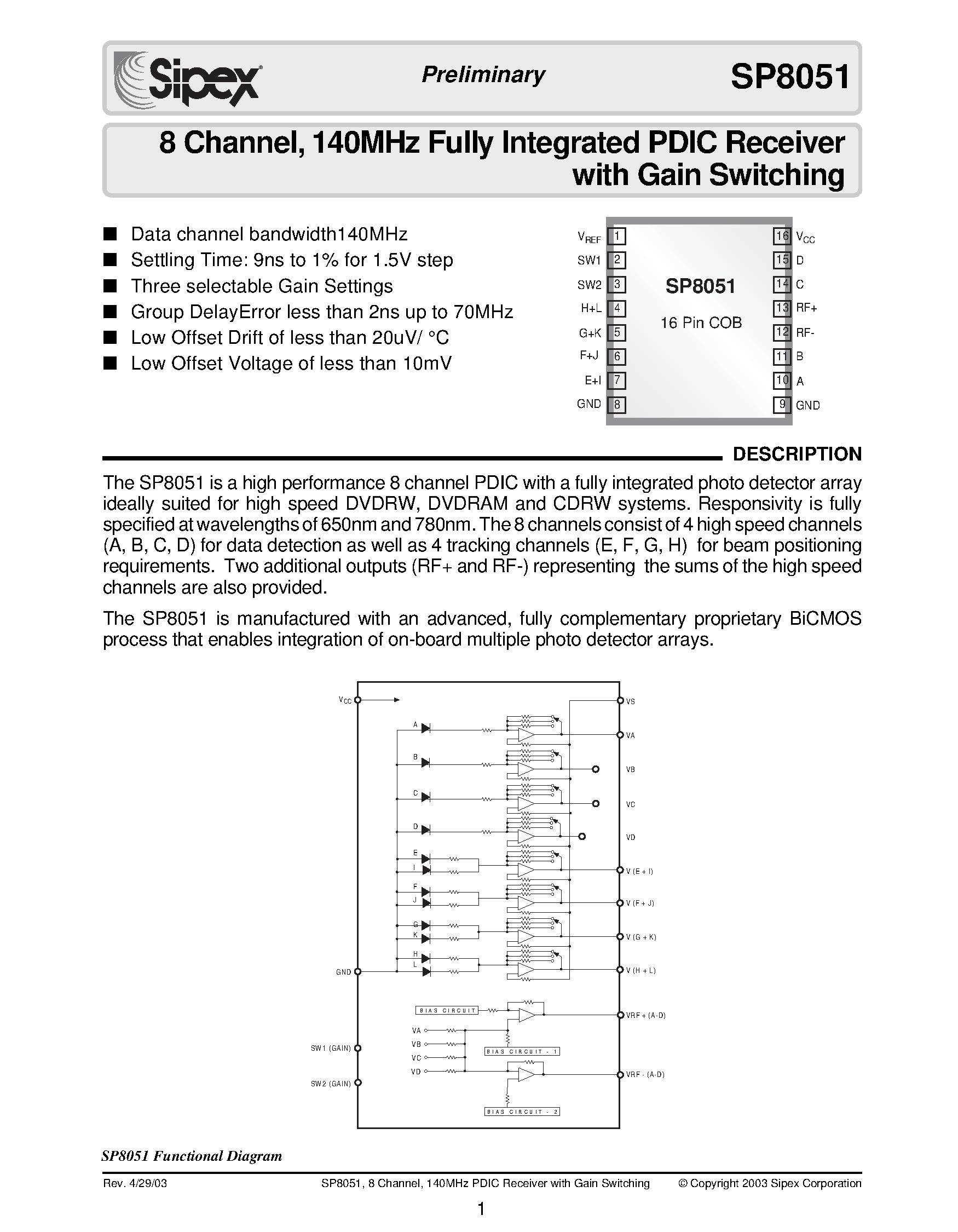 Datasheet SP8051 page 1 Datasheet SP8051 - 8 Channel / 140MHz Fully Integrated PDIC Receiver with Gain Switching page 1