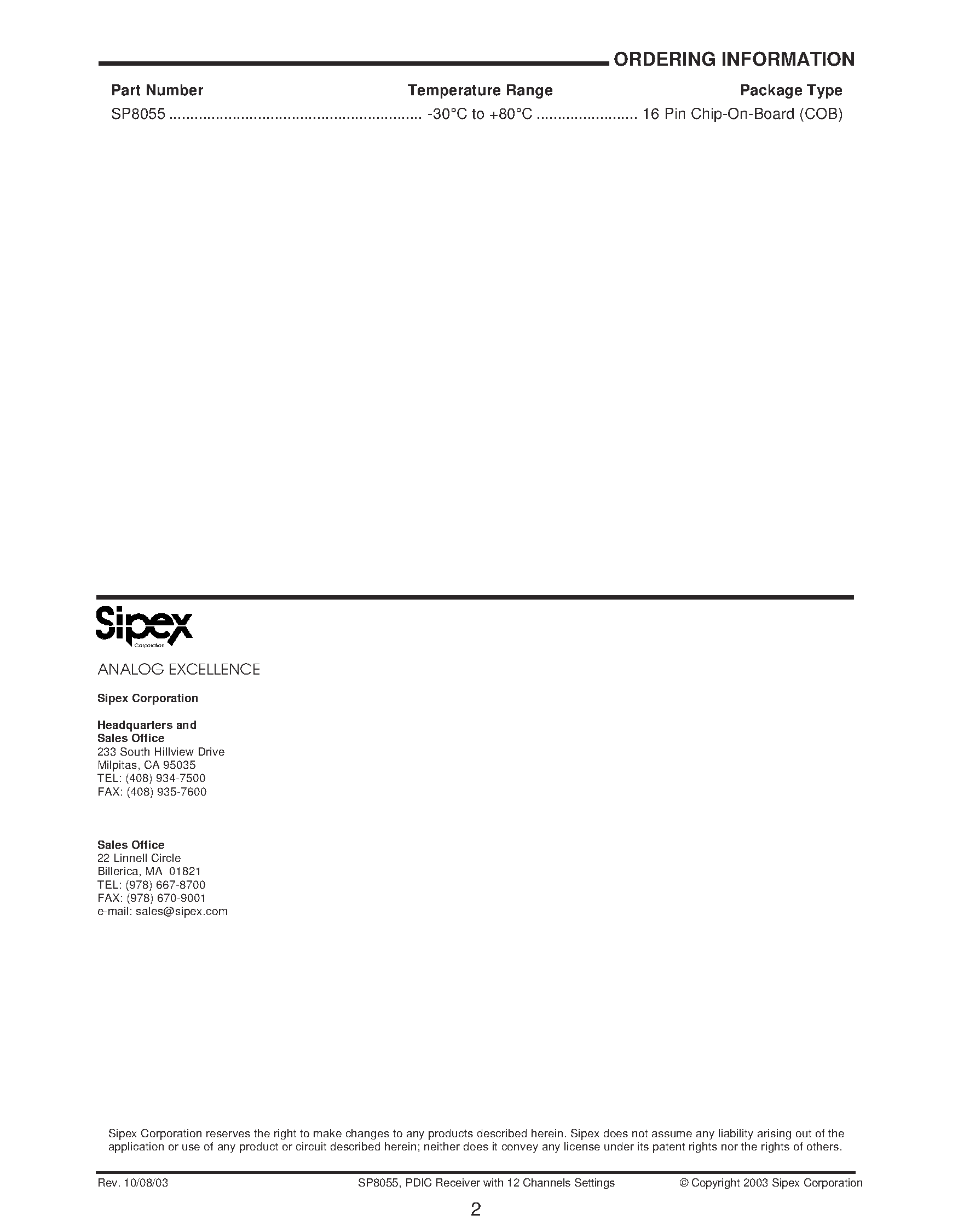 Datasheet SP8055 page 2 Datasheet SP8055 - 8 Channel / 140MHz Fully Integrated PDIC Receiver with 12 Gain settings page 2