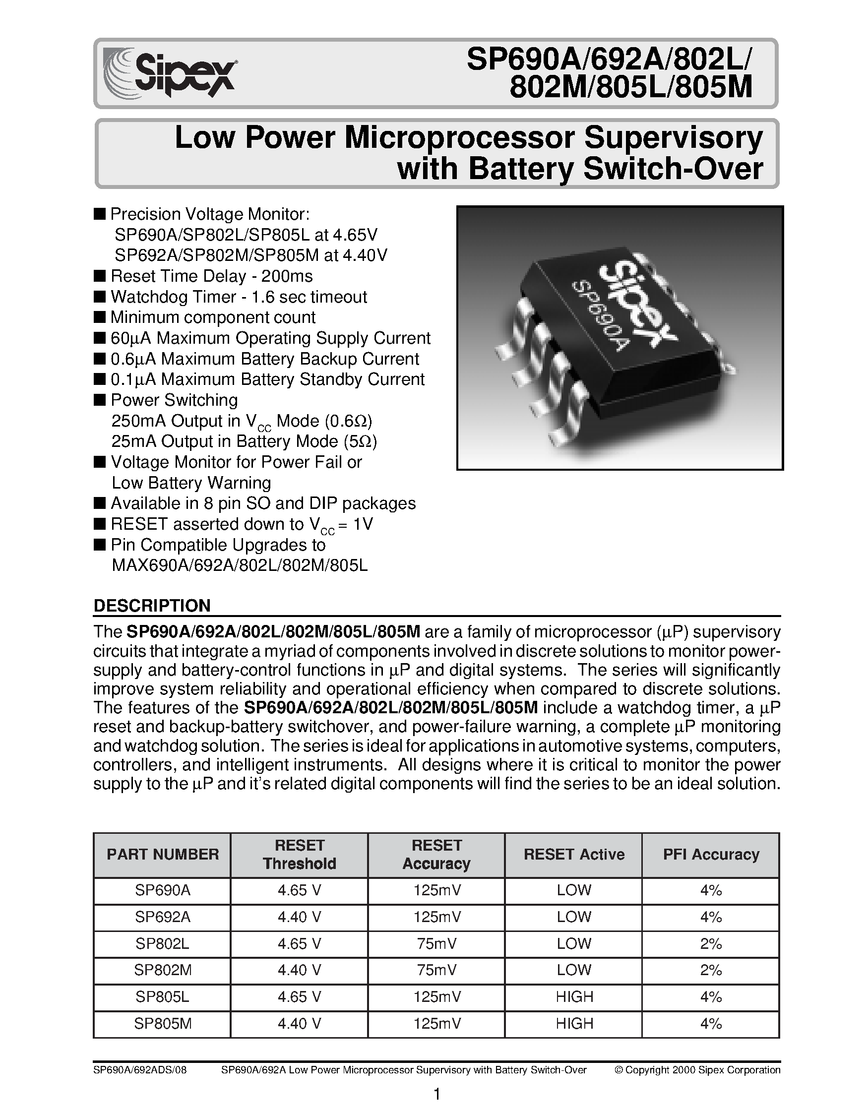 Datasheet SP805LEN - Low Power Microprocessor Supervisory with Battery Switch-Over page 1