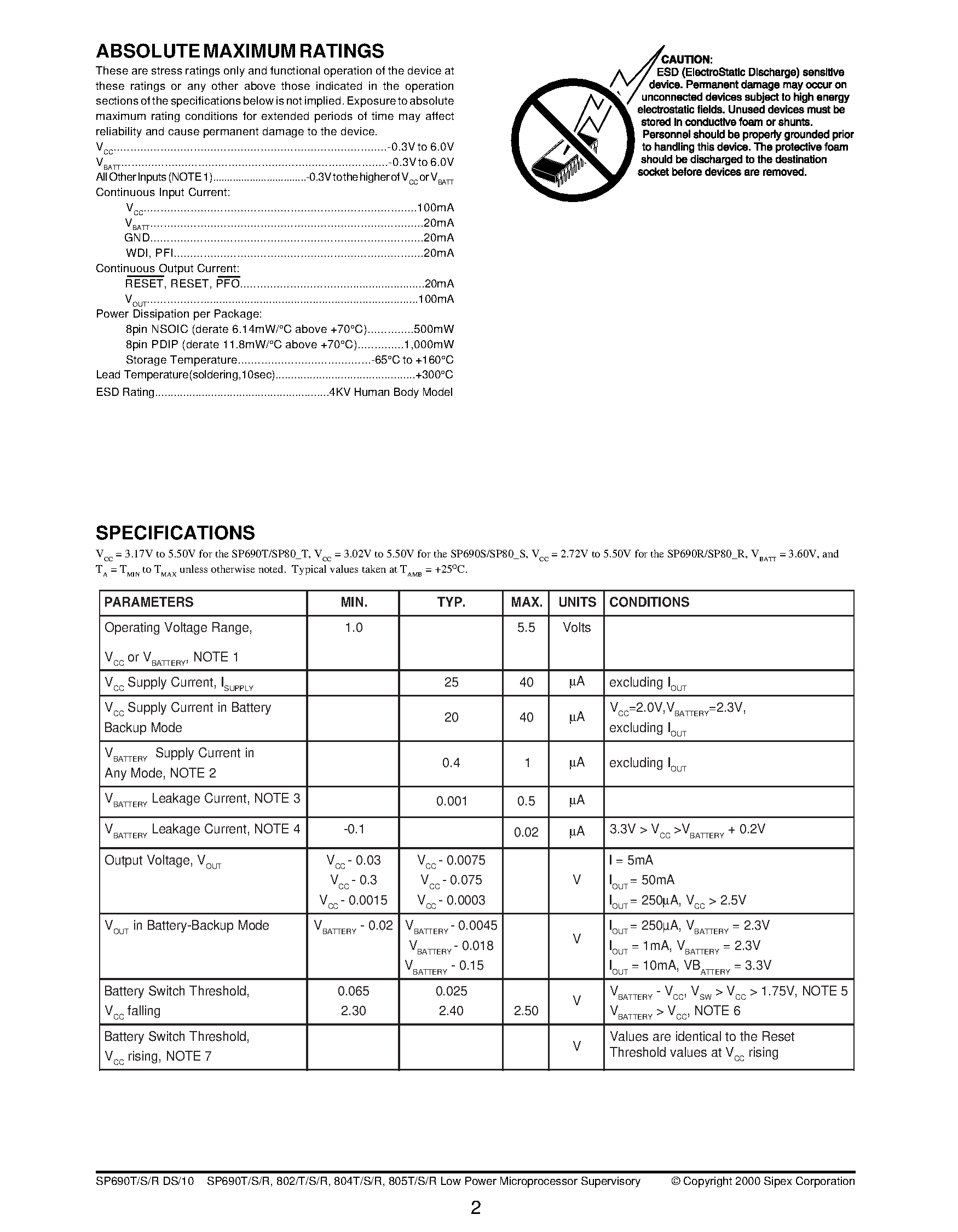 Datasheet SP805SCP - 3.0V/3.3V Low Power Microprocessor Supervisory with Battery Switch-Over page 2