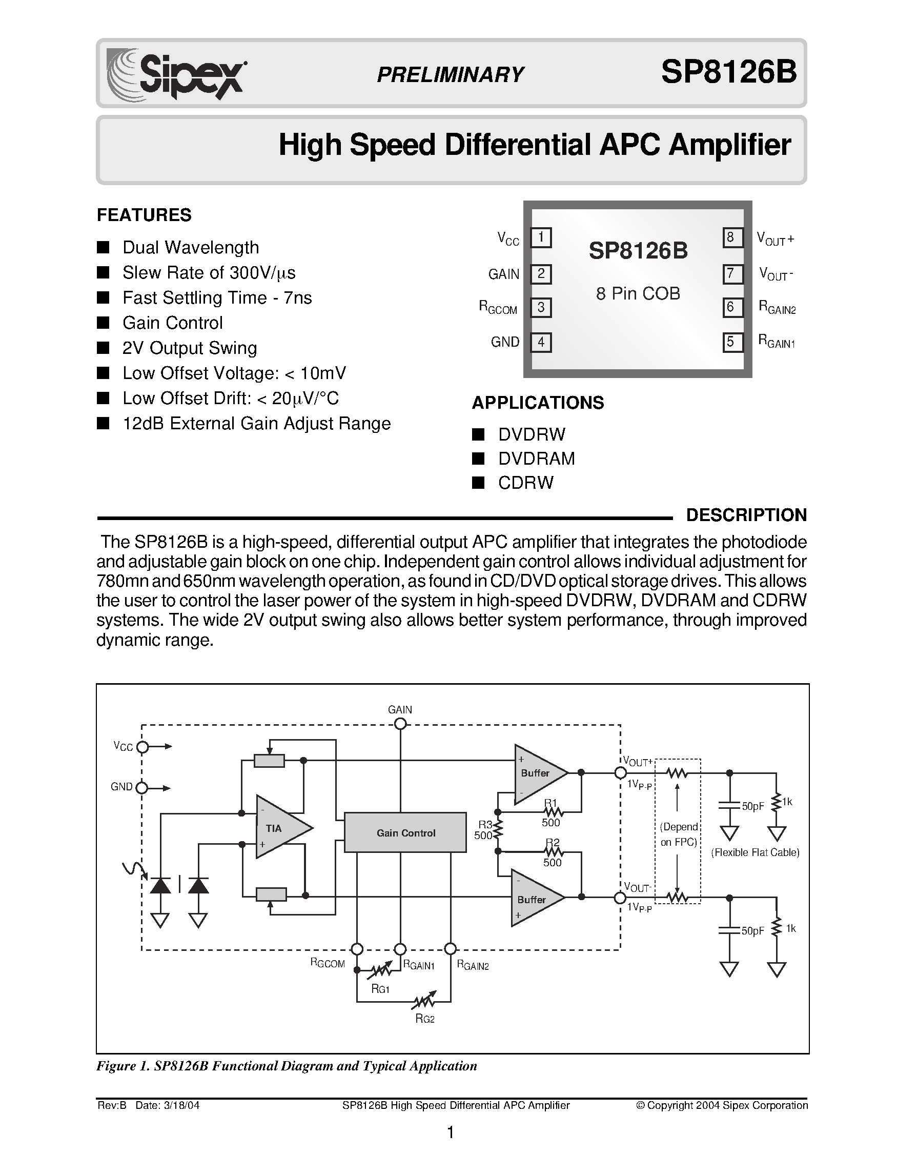 Datasheet SP8126CB-3 - High Speed Differential APC Amplifier page 1