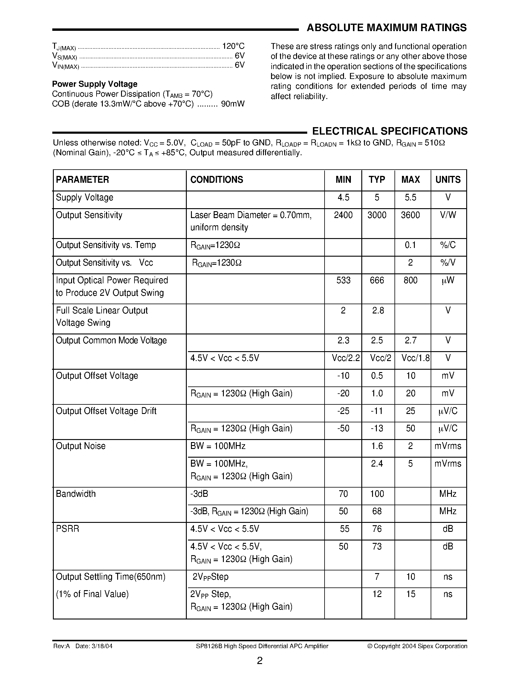 Datasheet SP8126CB-3 - High Speed Differential APC Amplifier page 2