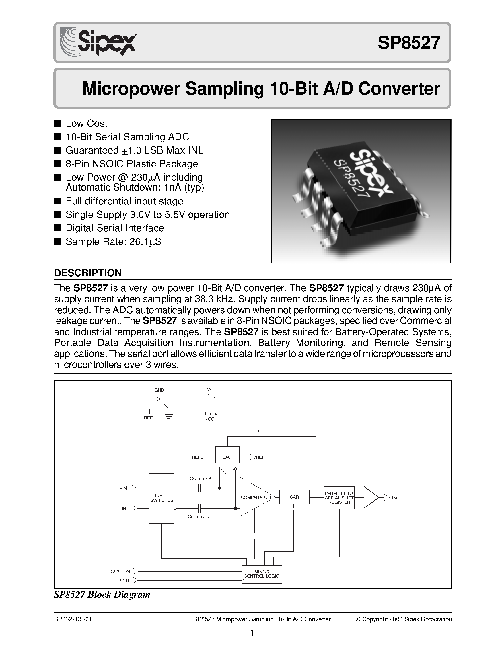Даташит SP8527 - Micropower Sampling 10-Bit A/D Converter страница 1