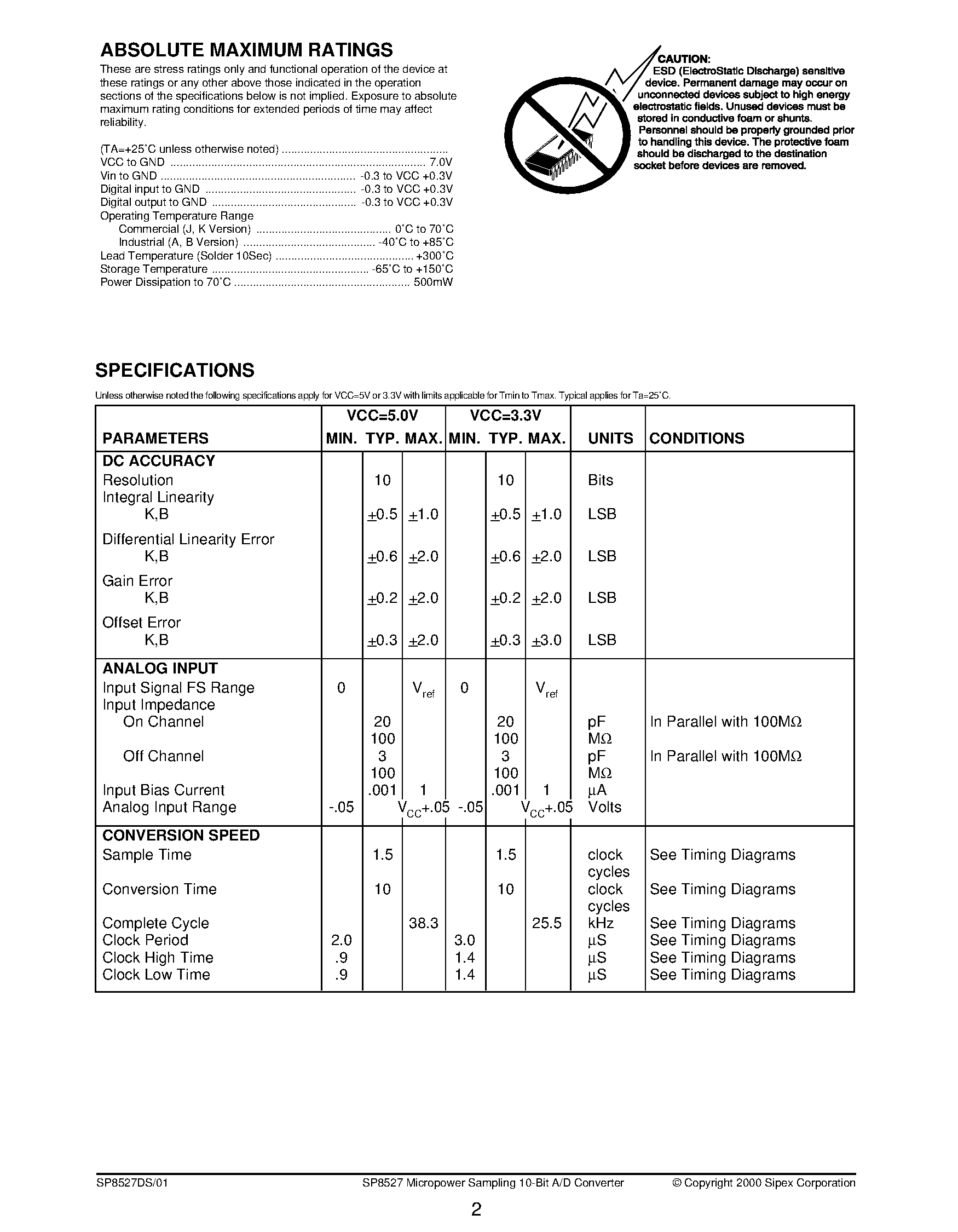 Даташит SP8527 - Micropower Sampling 10-Bit A/D Converter страница 2