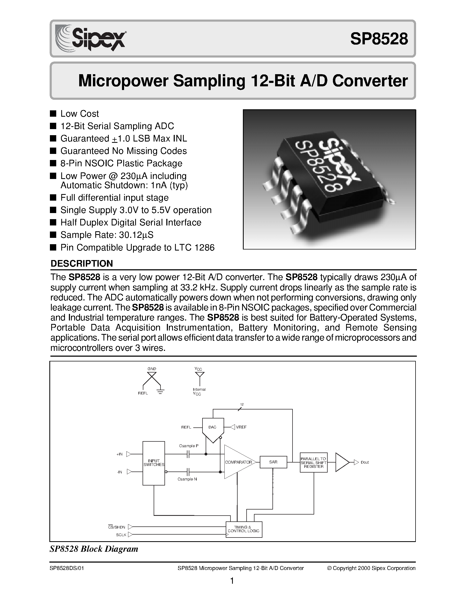 Даташит SP8528 - Micropower Sampling 12-Bit A/D Converter страница 1