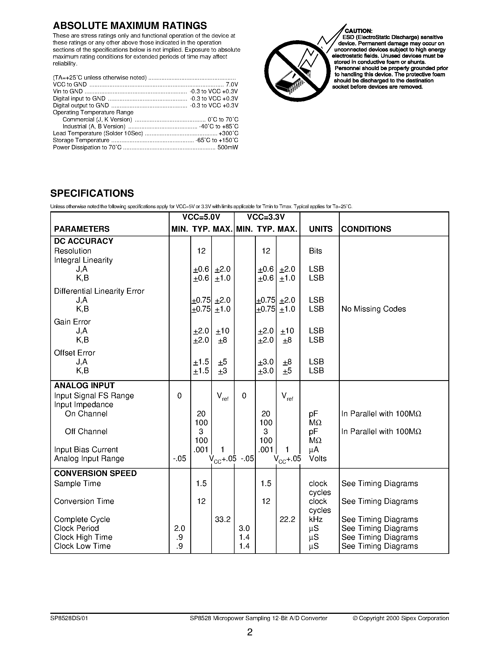 Даташит SP8528 - Micropower Sampling 12-Bit A/D Converter страница 2