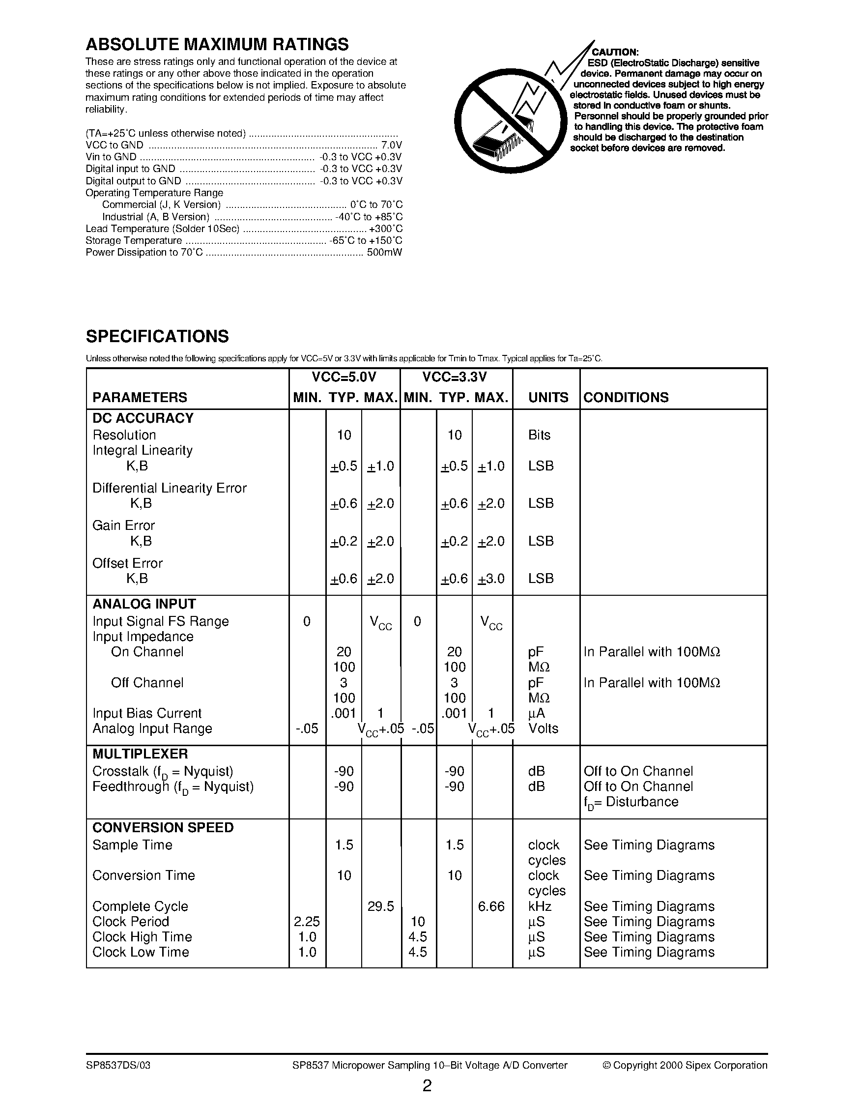 Datasheet SP8537 - Micropower Sampling 10-Bit A/D Converter page 2