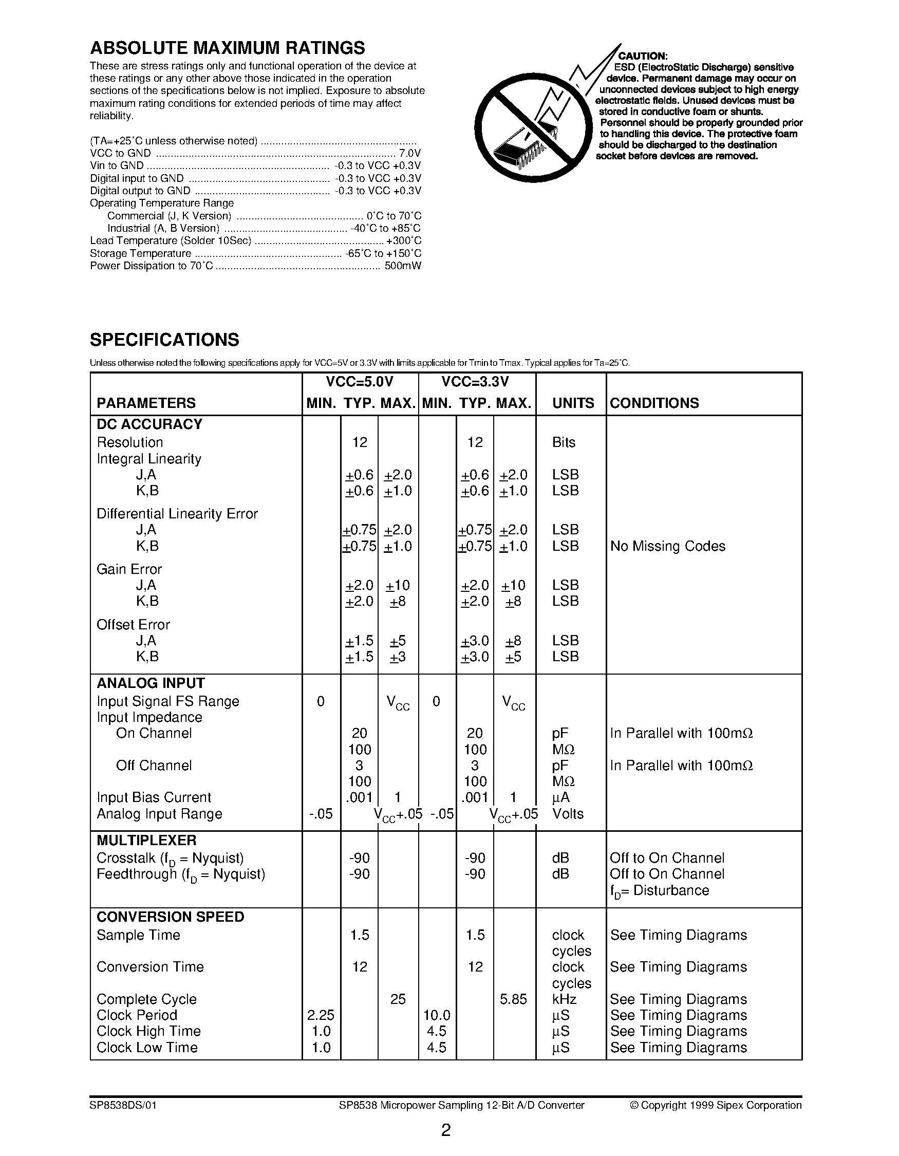 Даташит SP8538 - Micropower Sampling 12-Bit A/D Converter страница 2