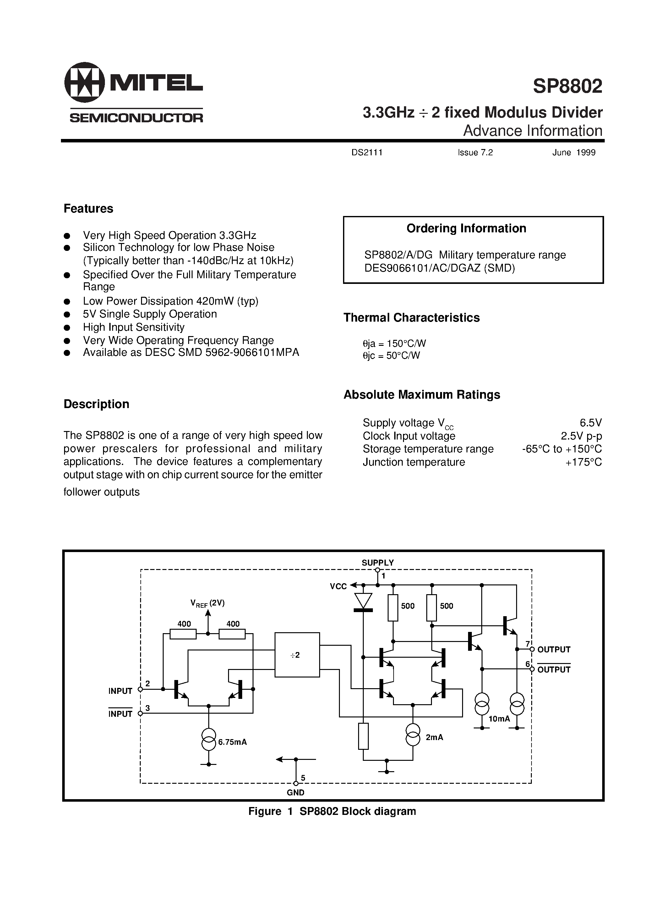 Datasheet SP8802A - 3.3GHz 2 fixed Modulus Divider page 1