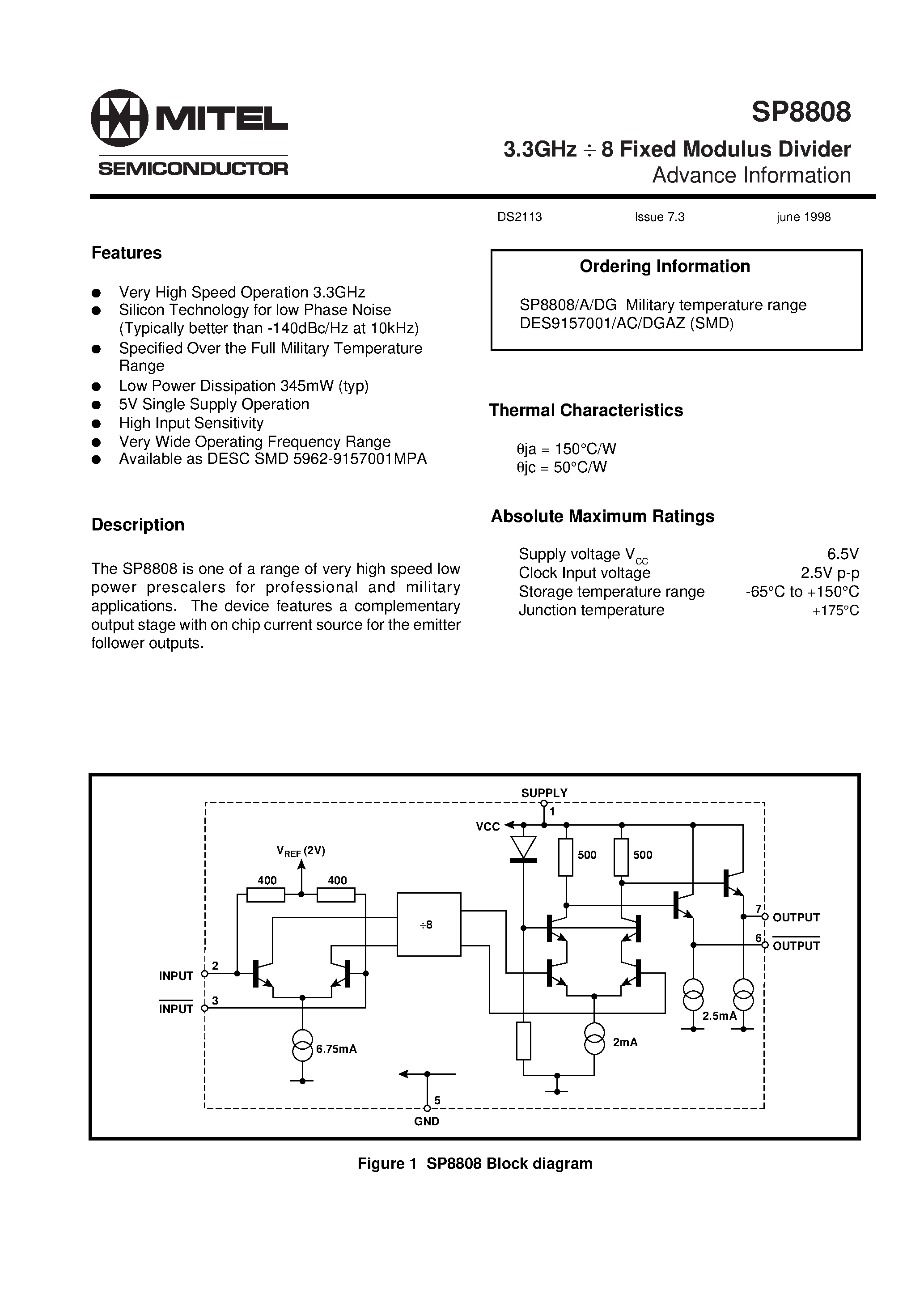 Datasheet SP8808 - 3.3GHz 8 Fixed Modulus Divider page 1