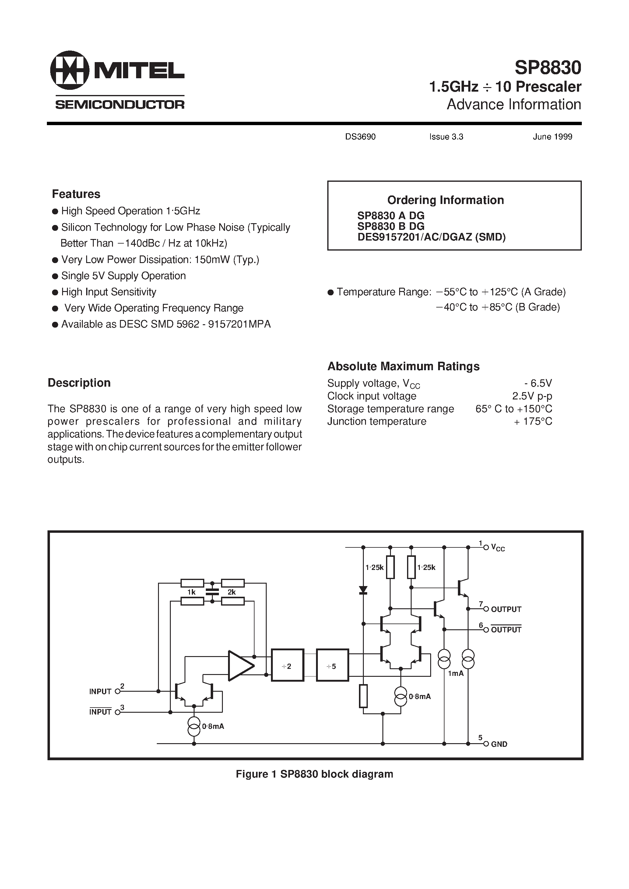 Datasheet SP8830ADG - 1.5GHz 10 Prescaler page 1