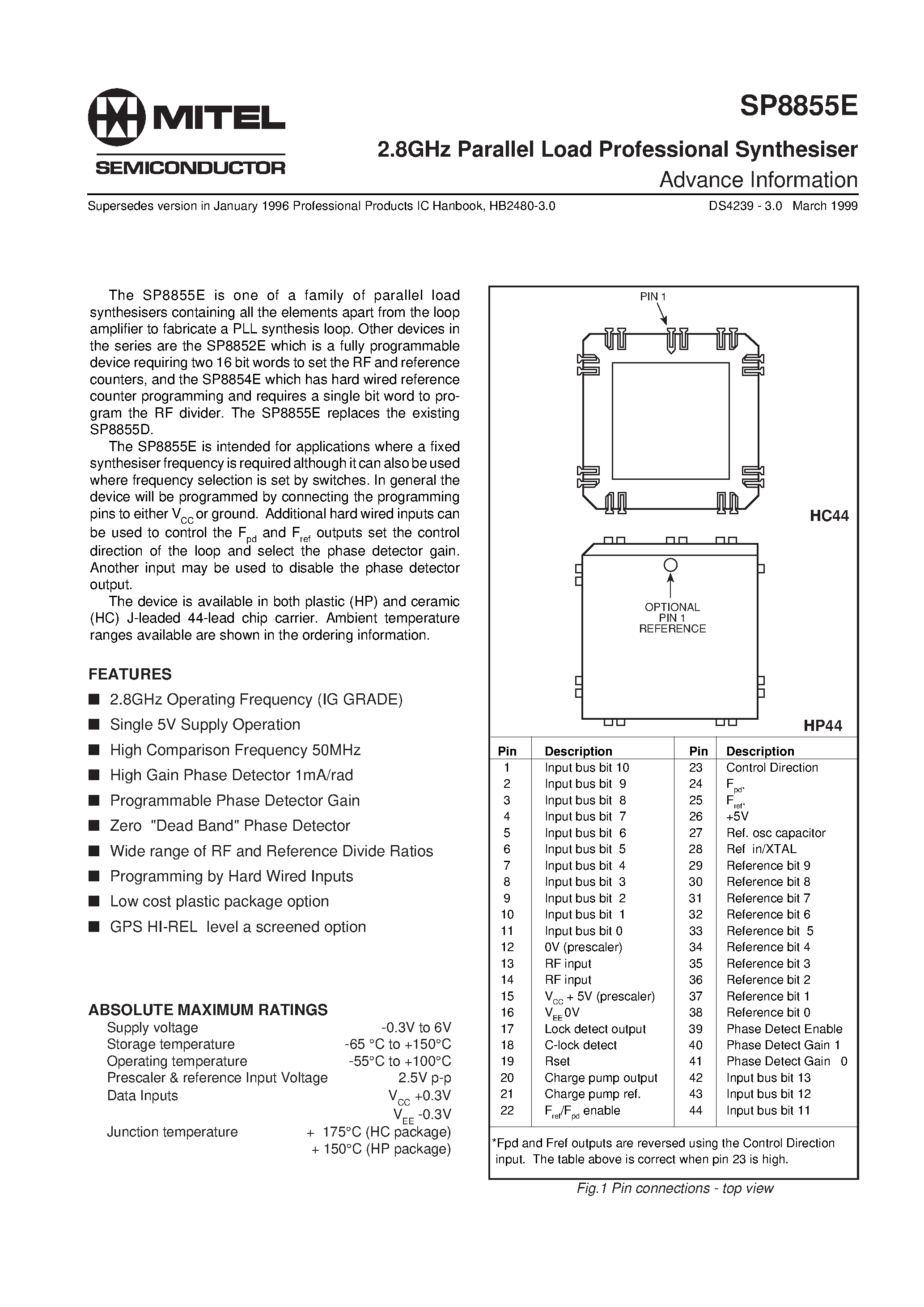Datasheet SP8855E page 1 Datasheet SP8855E - 2.8GHz Parallel Load Professional Synthesiser page 1