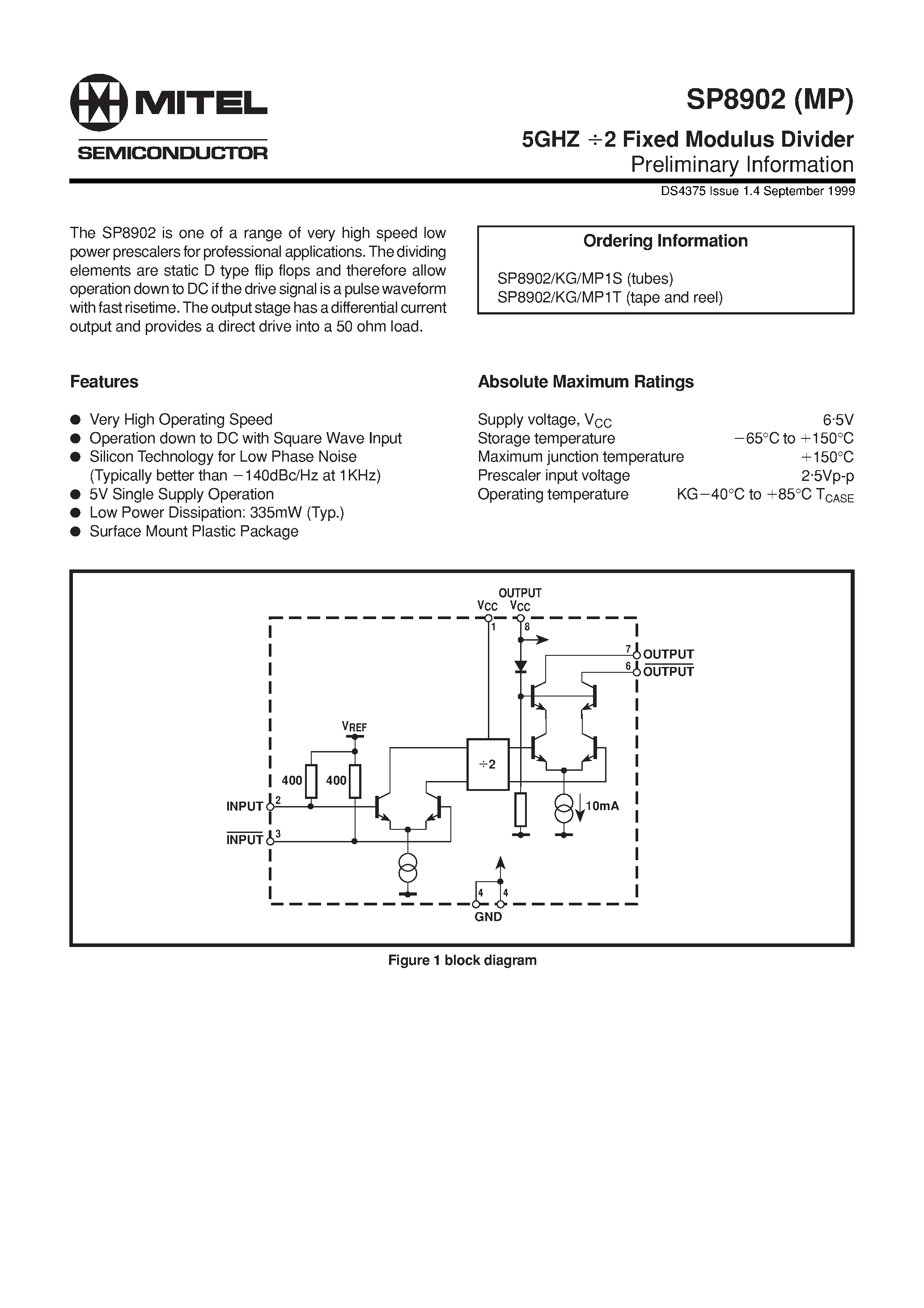 Datasheet SP8902KGMP1S - 5GHZ 2 Fixed Modulus Divider page 1
