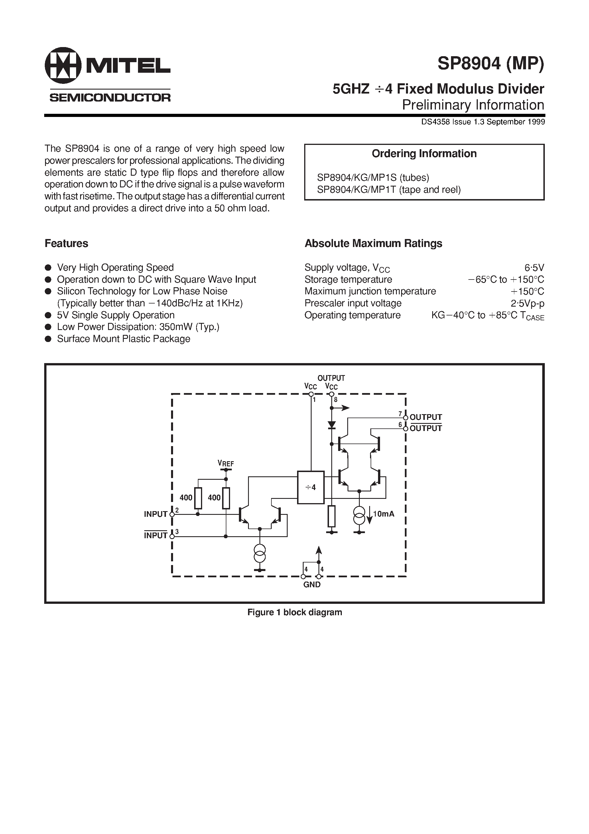 Datasheet SP8904KG - 5GHZ 4 Fixed Modulus Divider page 1
