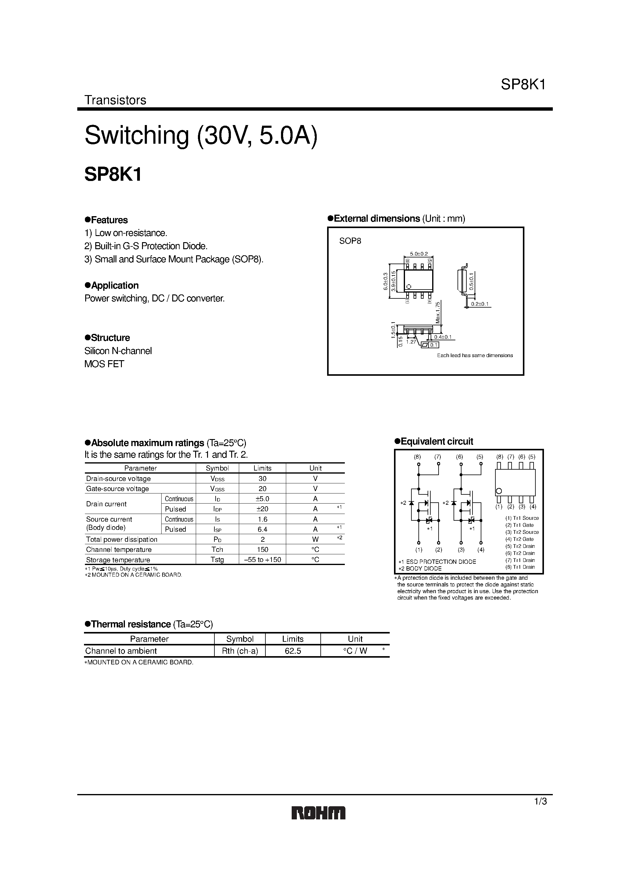 Datasheet SP8K1 - Switching (30V / 5.0A) page 1