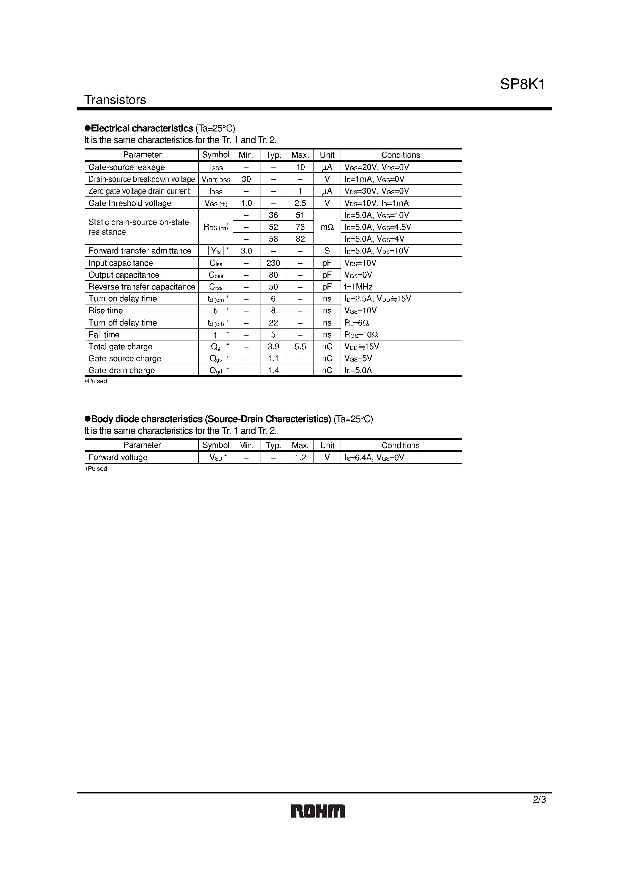 Datasheet SP8K1 - Switching (30V / 5.0A) page 2