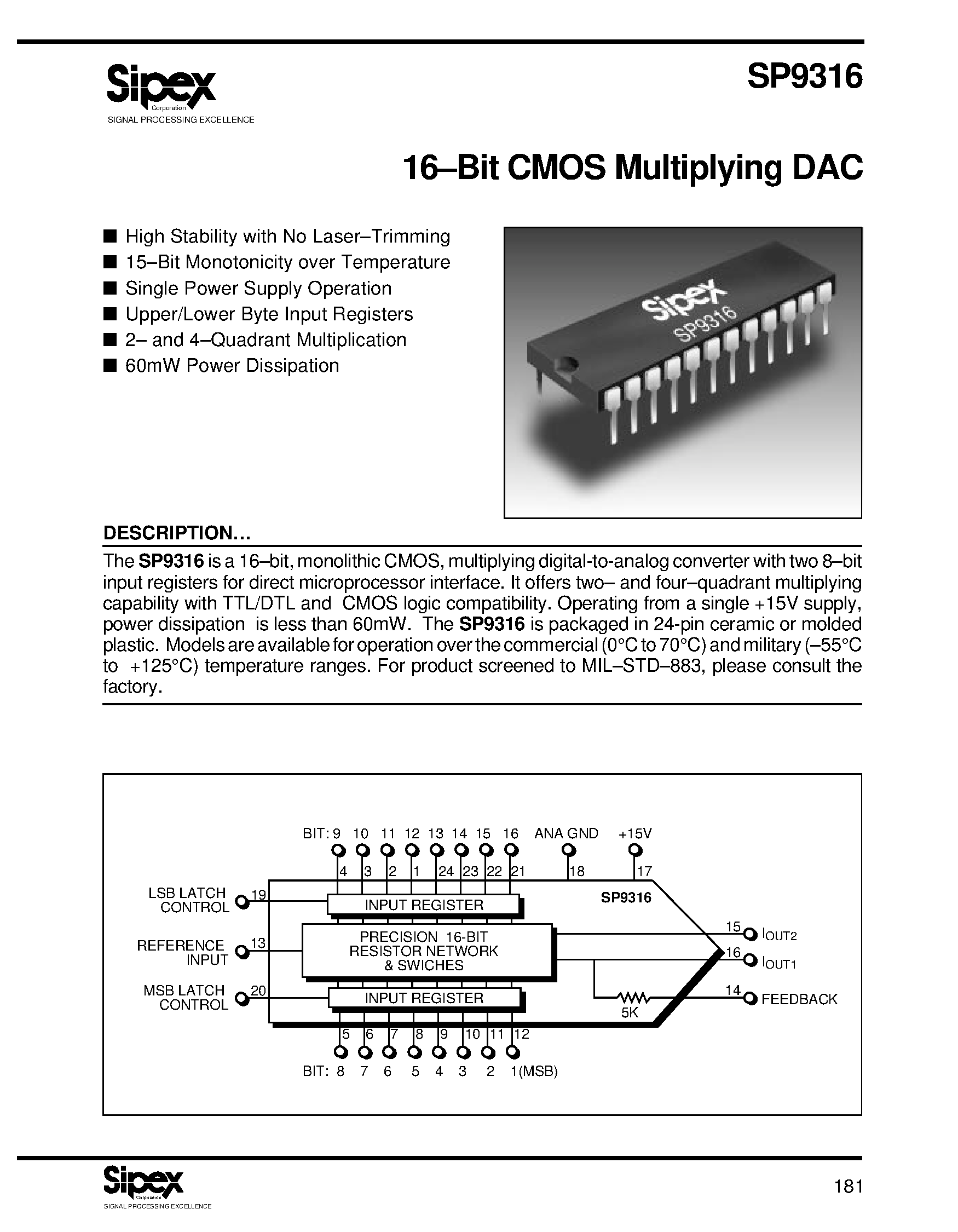 Datasheet SP9316 - 16Bit CMOS Multiplying DAC page 1