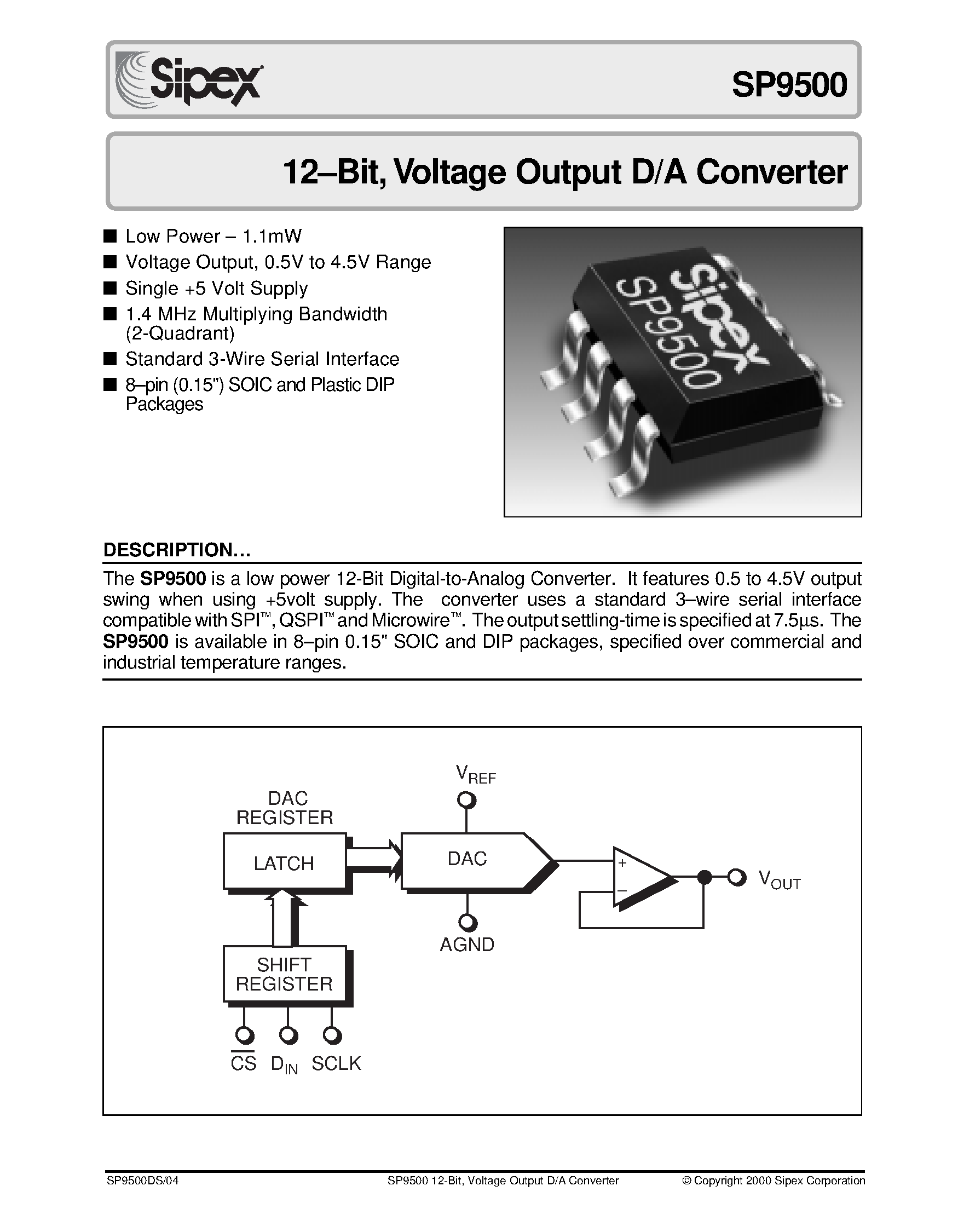 Даташит SP9500 - 12-Bit / Voltage Output D/A Converter страница 1