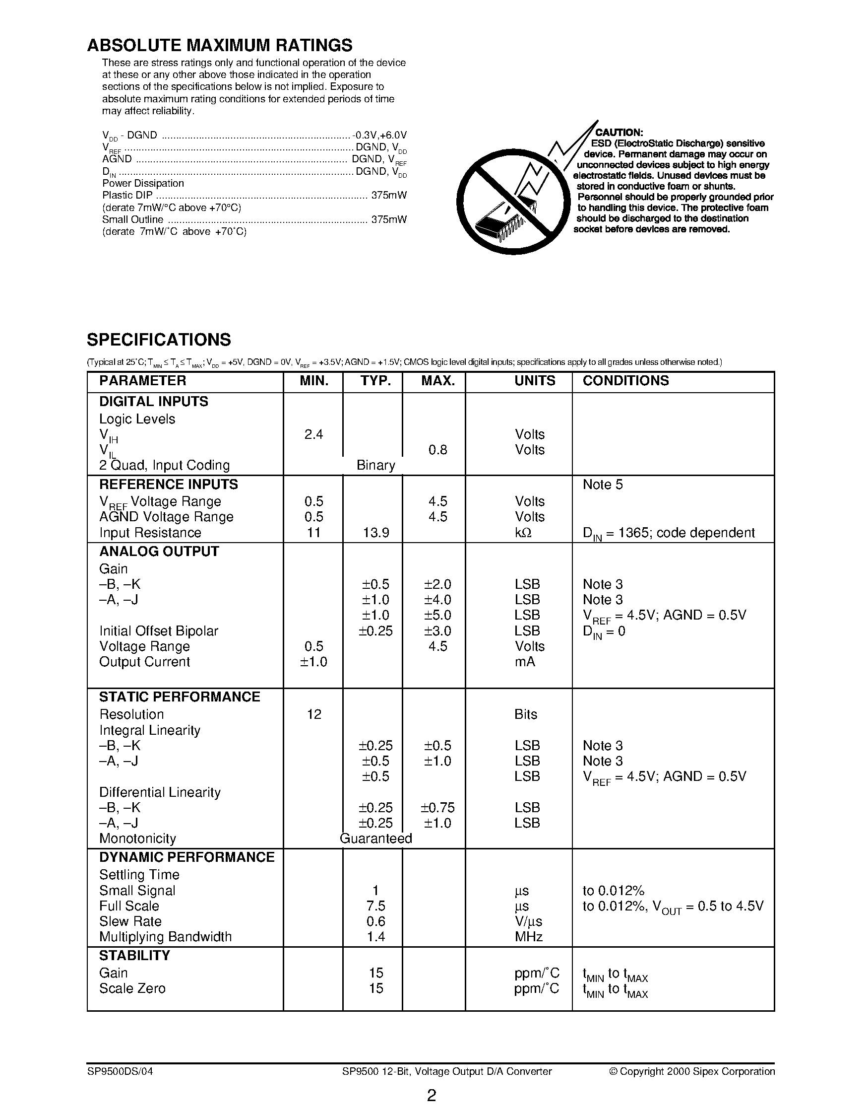 Даташит SP9500 - 12-Bit / Voltage Output D/A Converter страница 2