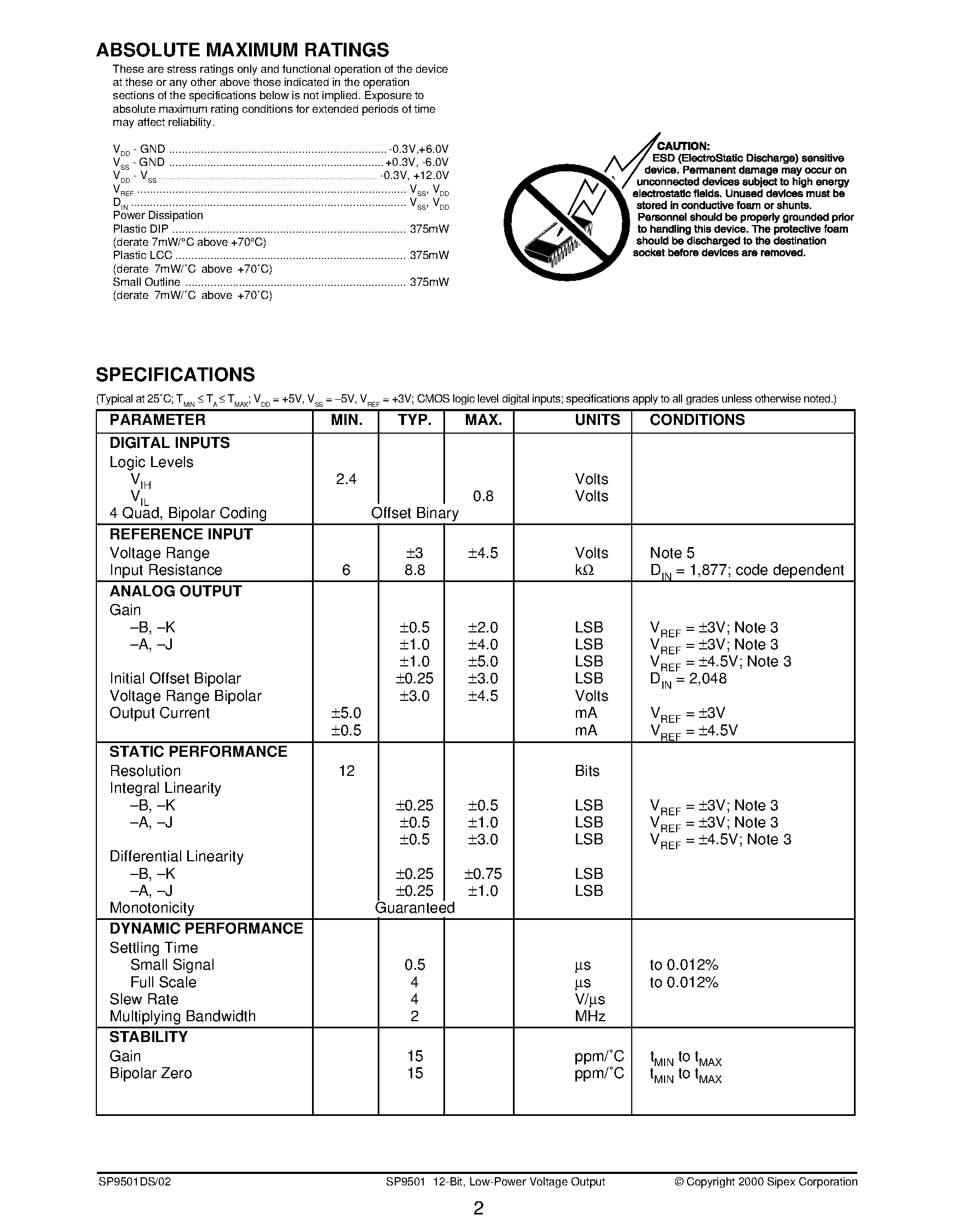 Даташит SP9501 - 12-Bit / Voltage Output D/A Converter страница 2