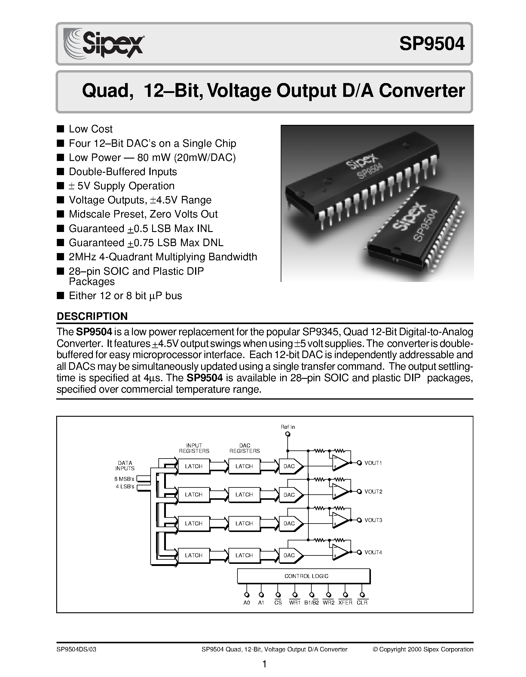 Даташит SP9504 - Quad / 12-Bit / Voltage Output D/A Converter страница 1