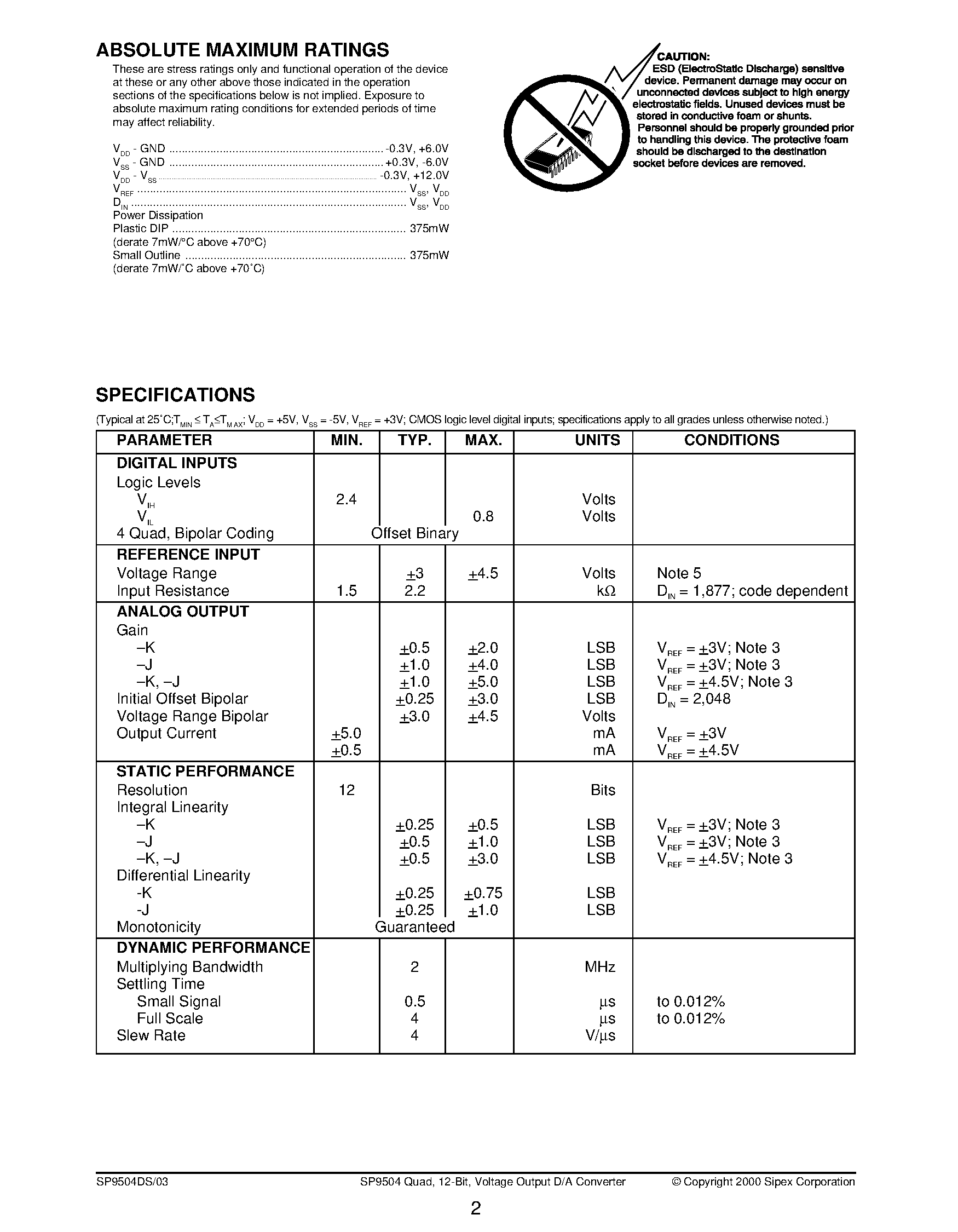 Даташит SP9504 - Quad / 12-Bit / Voltage Output D/A Converter страница 2
